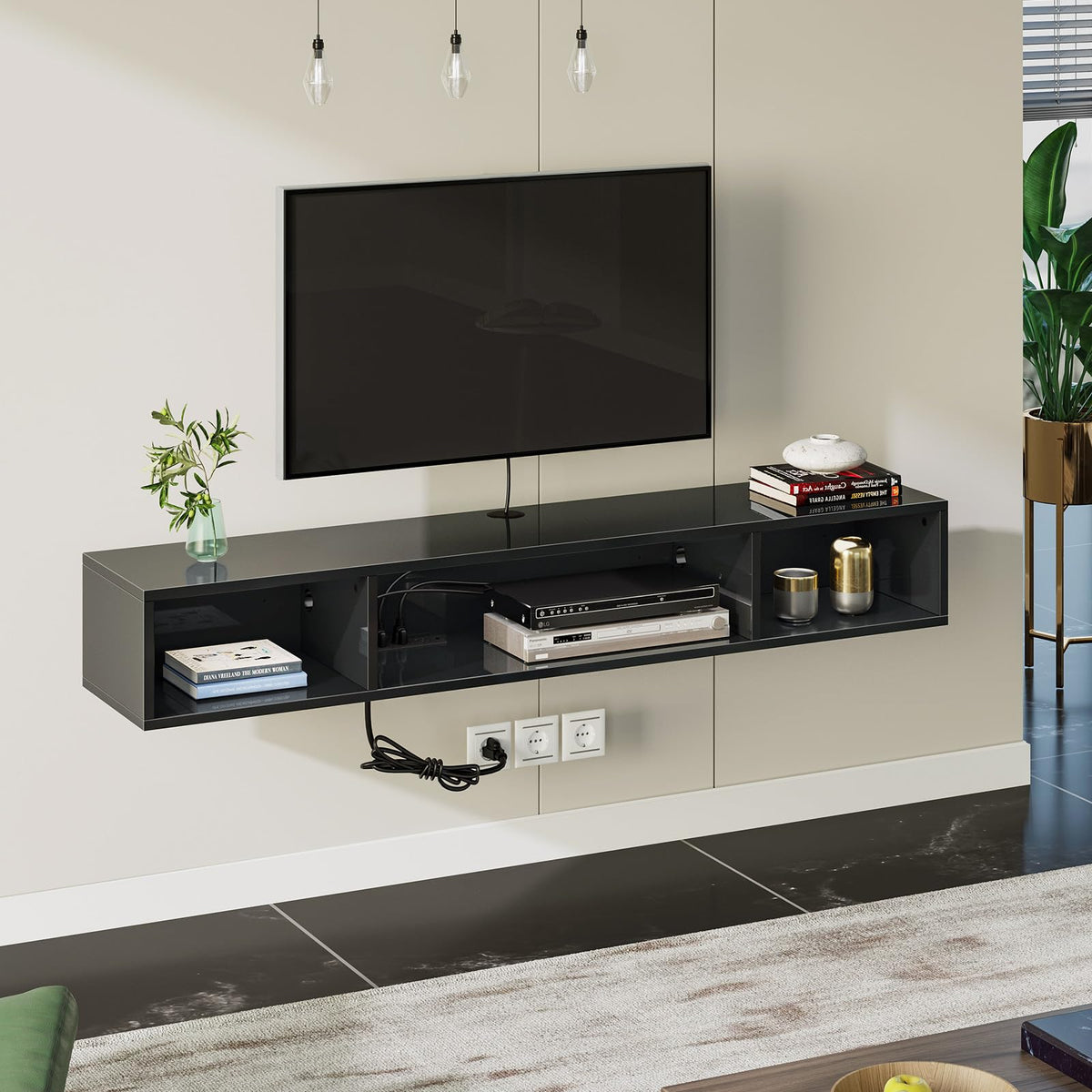 Rolanstar Tv Stand With Power Outlet, Floating Tv Stand With Rgb Lights, 55.1' Wall Mounted Tv Shelf, Glossy Black Media Console With Storage Shelf, Entertainment Under Tv For Living Room, Bedroom