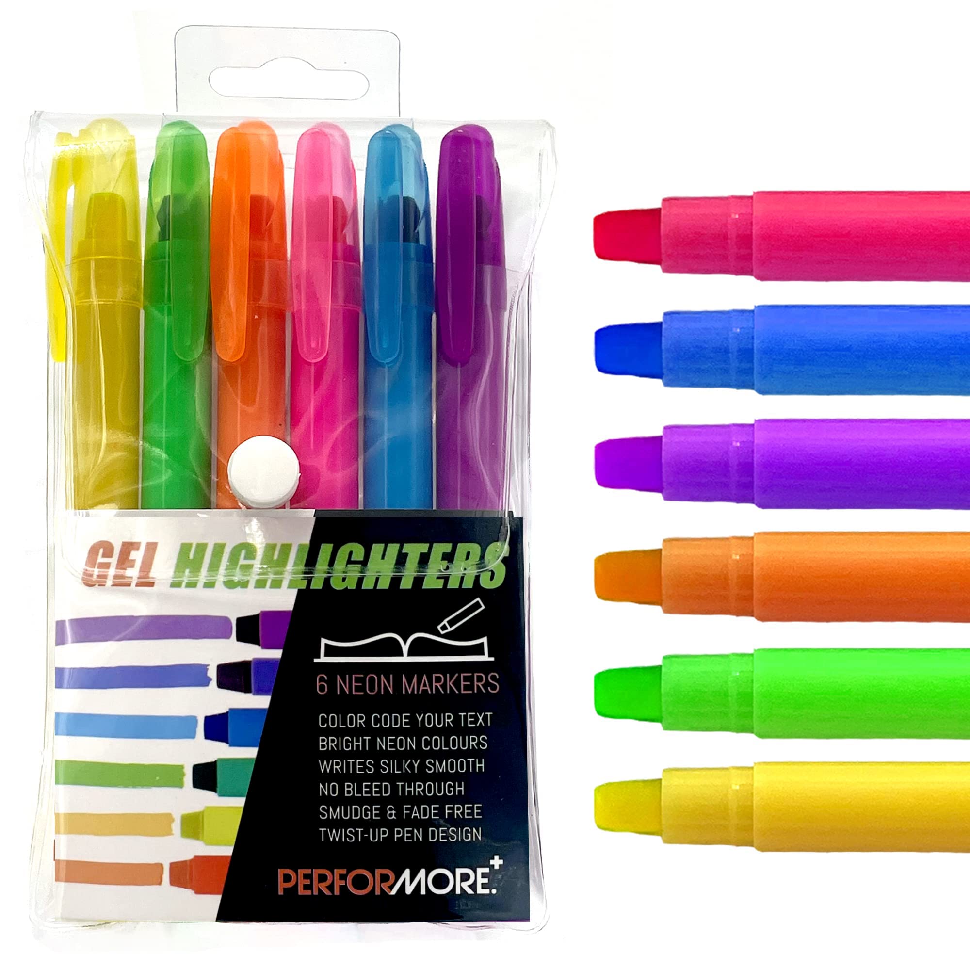6 Pack Student Gel Highlighters Assorted Colors, 6 Different Bright Highlight Colors Yellow, Orange, Pink, Purple, Green, Blue -