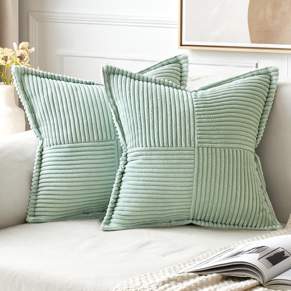 Miulee Mint Green Corduroy Pillow Covers 18 X 18 Inch With Splicing Set Of 2 Super Soft Boho Striped Pillow Covers Broadside Dec