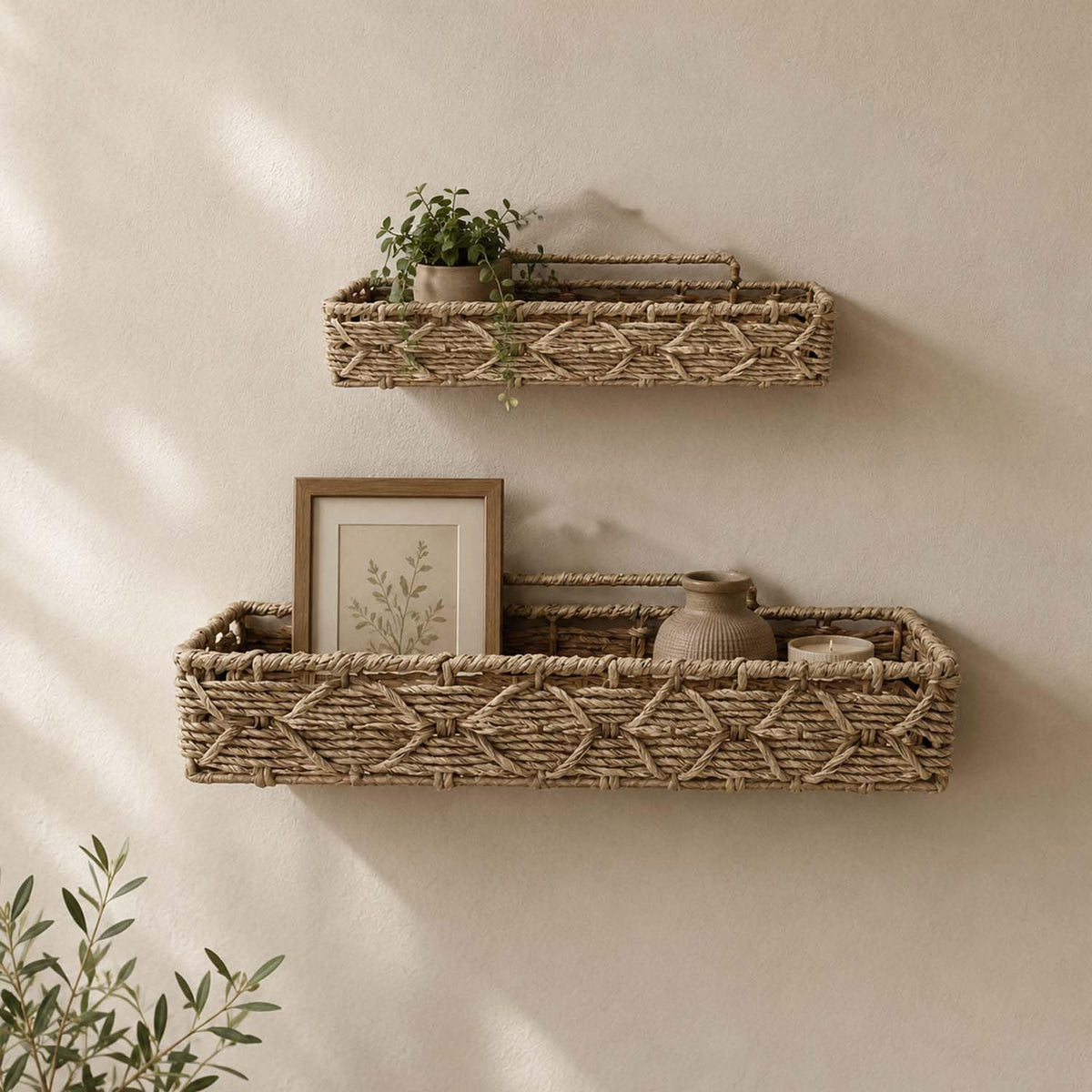 Amazon Brand  Umi Water Hyacinth Raffia Storage Basket with Inner Metal Frame Pack of 2, (10 & 12) Inch | Handwoven Raffia Bask