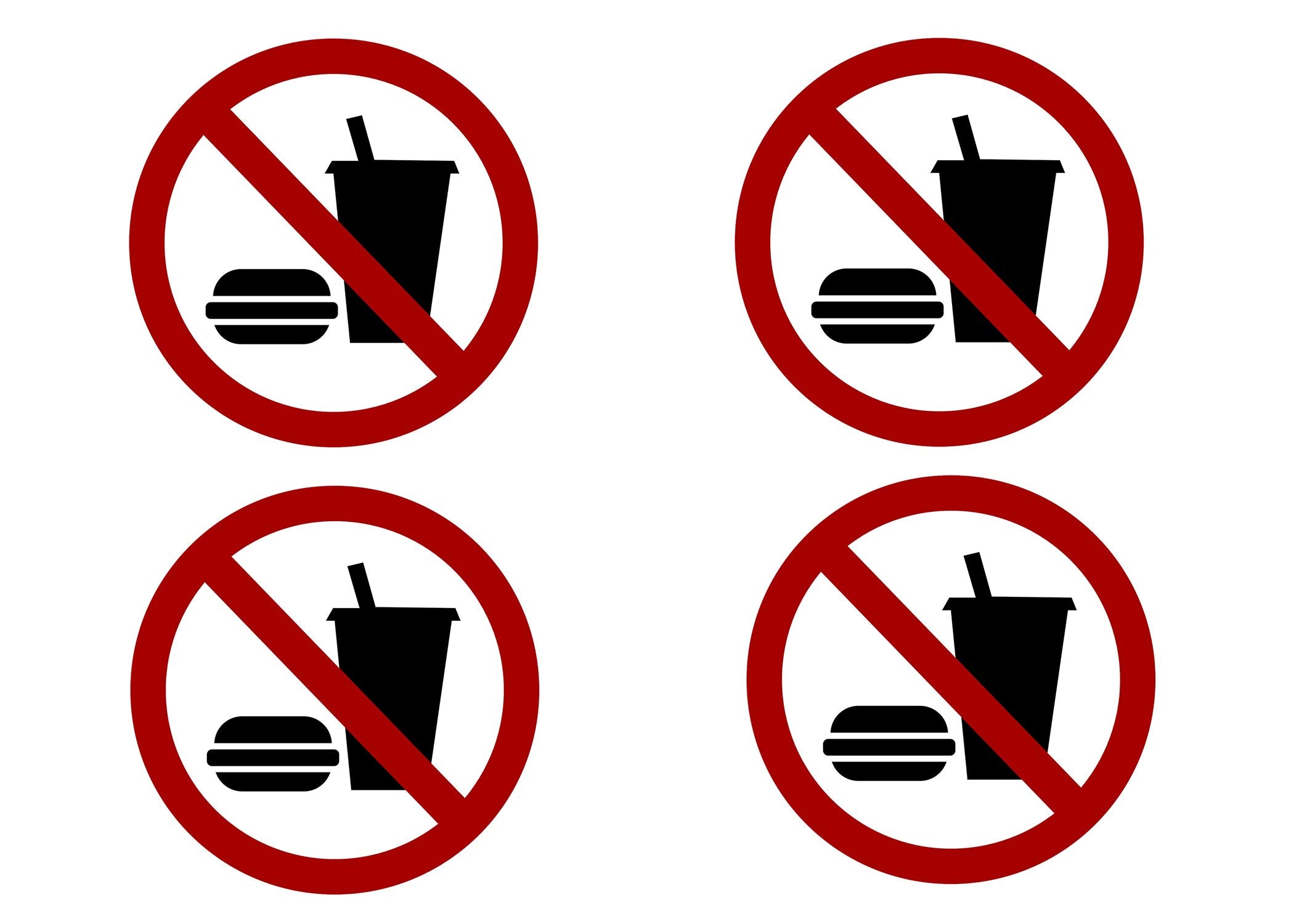 Rogue River Tactical 4 Pack No Food Or Drinking Allowed Sticker Set Sign Warning 3X3 Inch Vinyl Decal Indoor Outdoor Window Busi