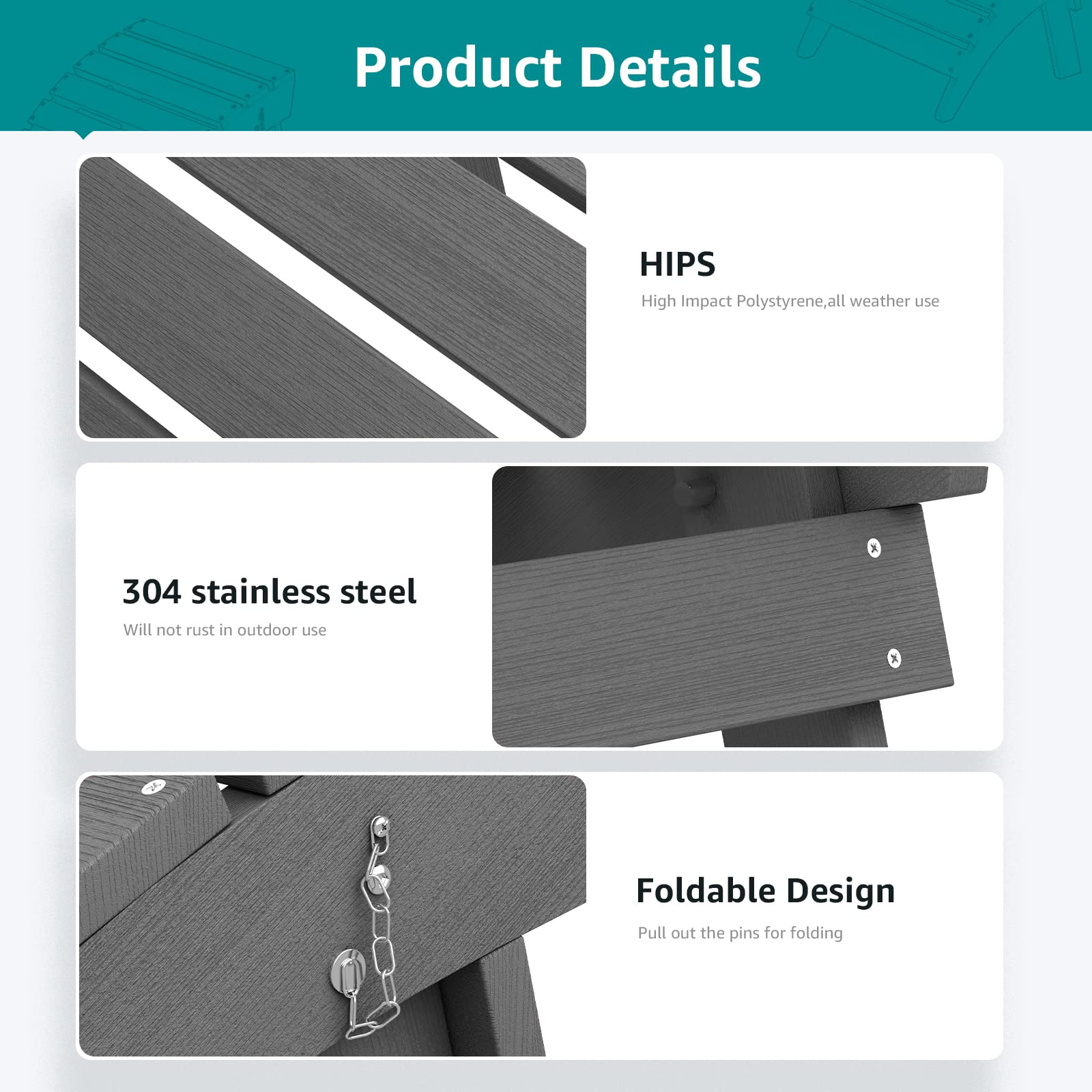 Serwall Folding Adirondack Ottoman For Adirondack Chair, No-Assembly Weather Resistance Outdoor Footstool, High Impact Polystyrene Folding Adirondack Footrest, Gray