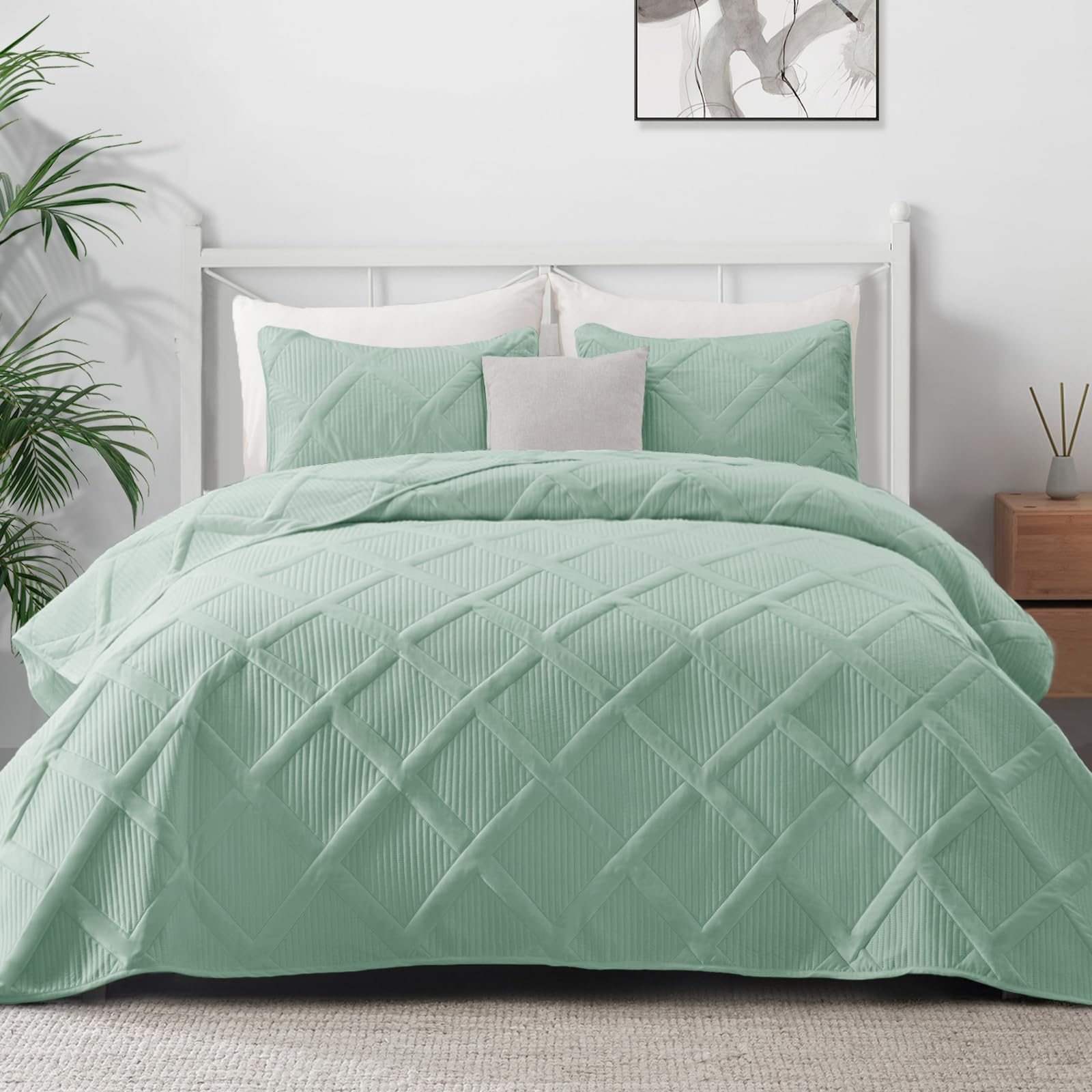 Exclusivo Mezcla Quilt Set Full Queen Size, 3 Pieces Mint Green Queen Quilt Bedding Set, Lightweight Quilts Soft Bedspreads Mode