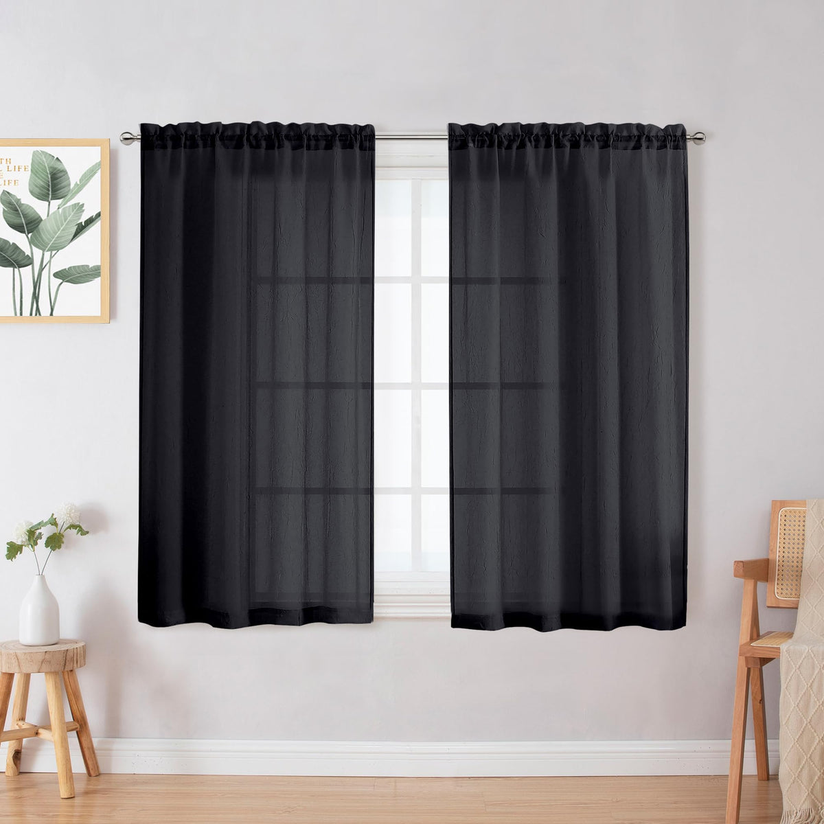 Chyhomenyc Crushed Sheer Black Curtains 45 Inch Length 2 Panels, Light Filtering Solid Crinkle Voile Lightweight Textured Sheer