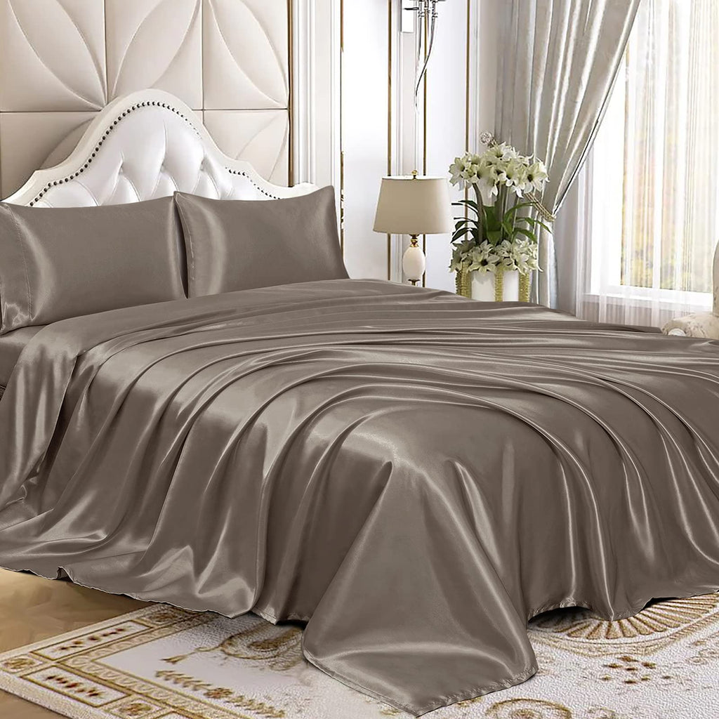Homiest 4Pcs Satin Sheets Set Luxury Silky Satin Bedding Set With Deep Pocket, 1 Fitted Sheet + 1 Flat Sheet + 2 Pillowcases (Queen Size, Tinfoil Brown)