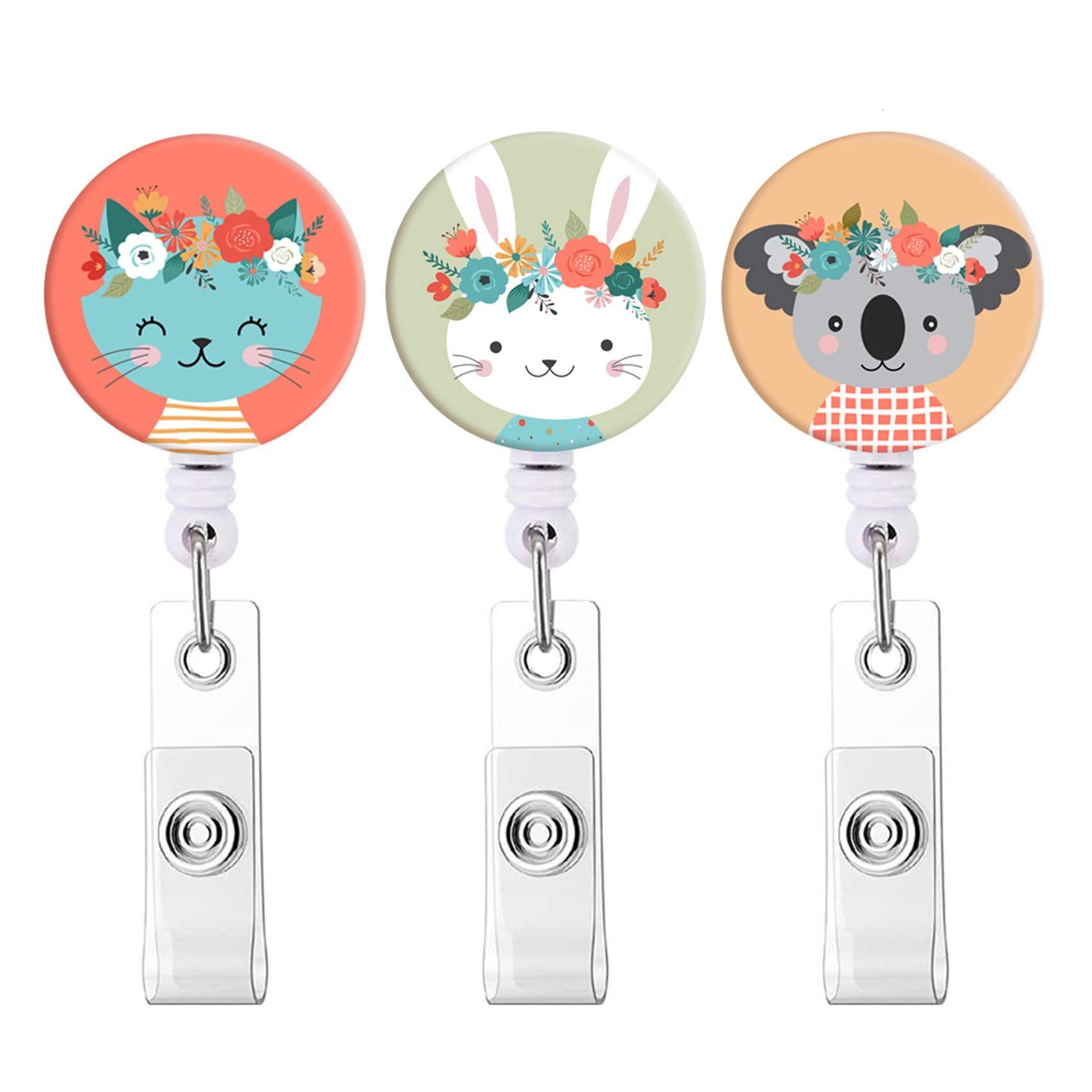 Retractable Badge Holders, Cute Nursing Badge Reel, Badge Clip Id Card Holders (3Pack(Rabbit-Cat-Koala))