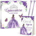 Threehoney 3 Pcs Quinceaera Guest Book Set 15th Quinceanera Party Favors with Standing Plaque and Diamond Pen with Base 15th Bir