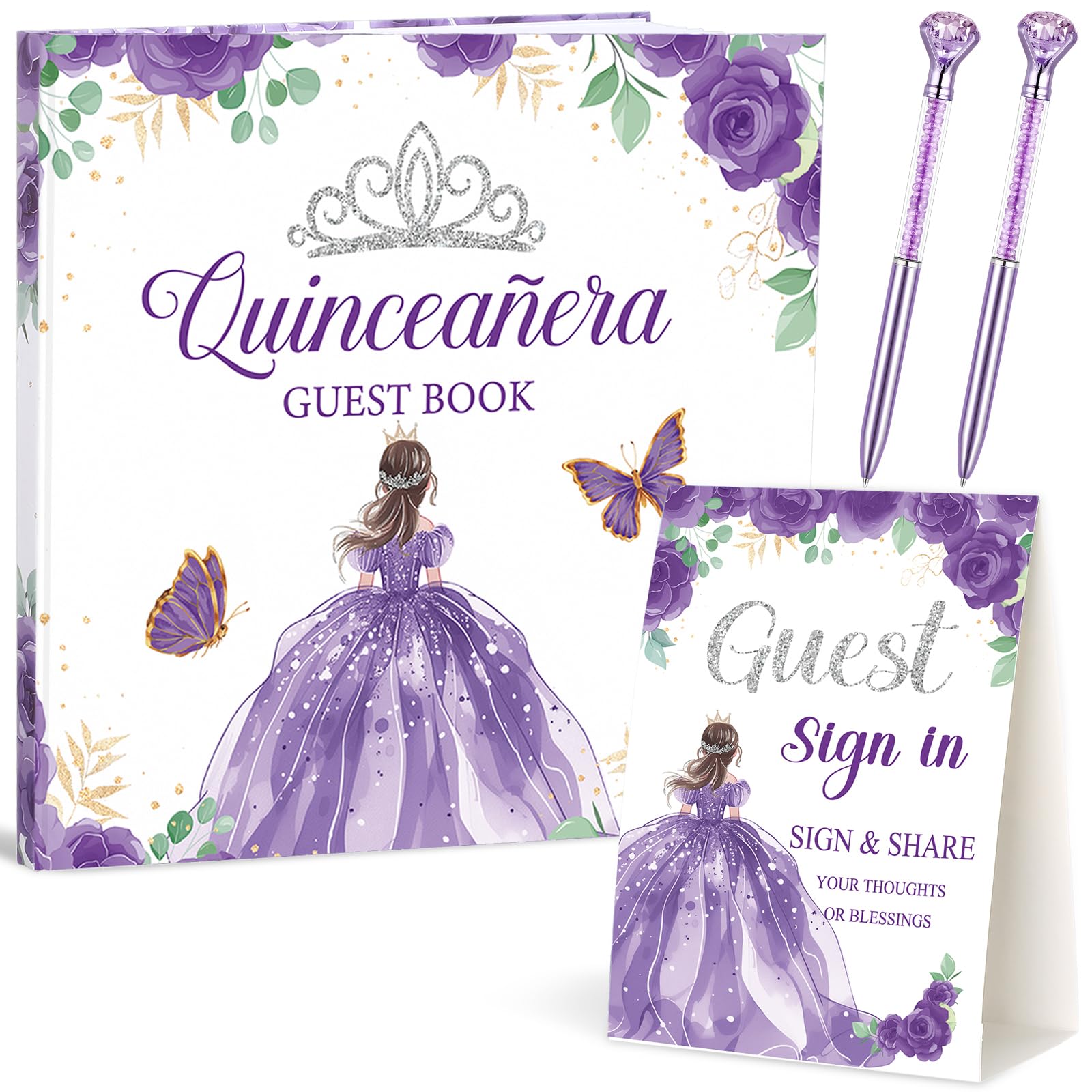 Threehoney 3 Pcs Quinceaera Guest Book Set 15th Quinceanera Party Favors with Standing Plaque and Diamond Pen with Base 15th Bir