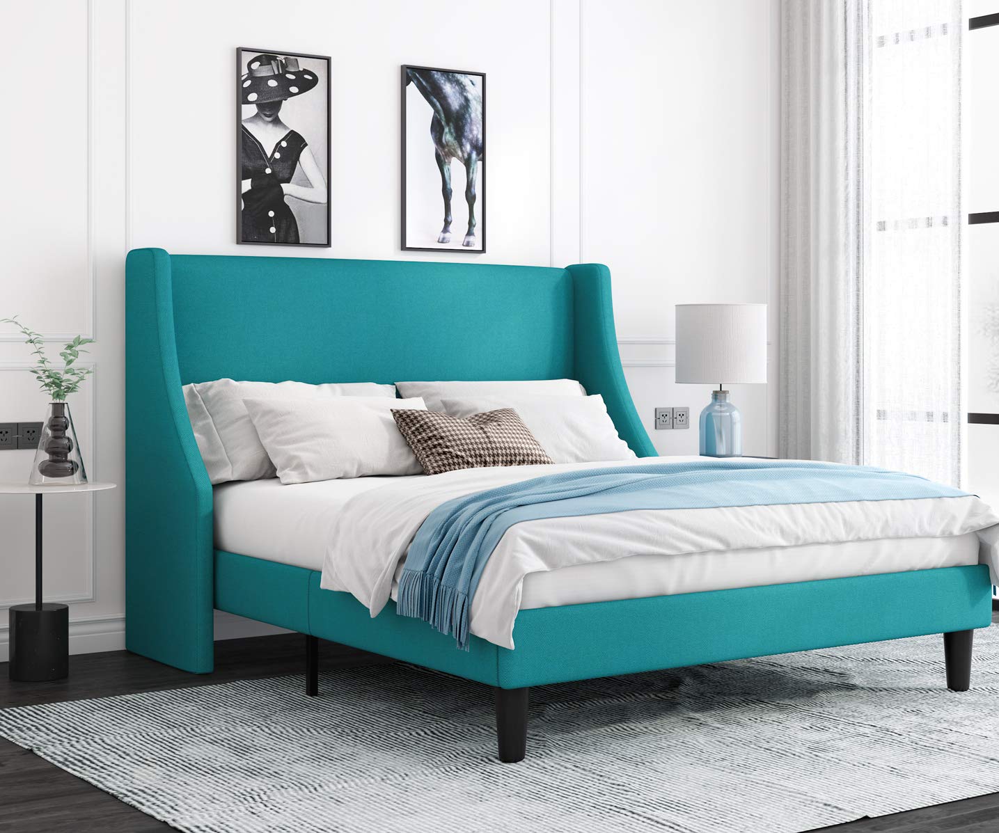 Allewie Full Size Bed Frame, Platform Bed Frame With Upholstered Headboard, Modern Deluxe Wingback, Wood Slat Support, Mattress Foundation, Peacock Green