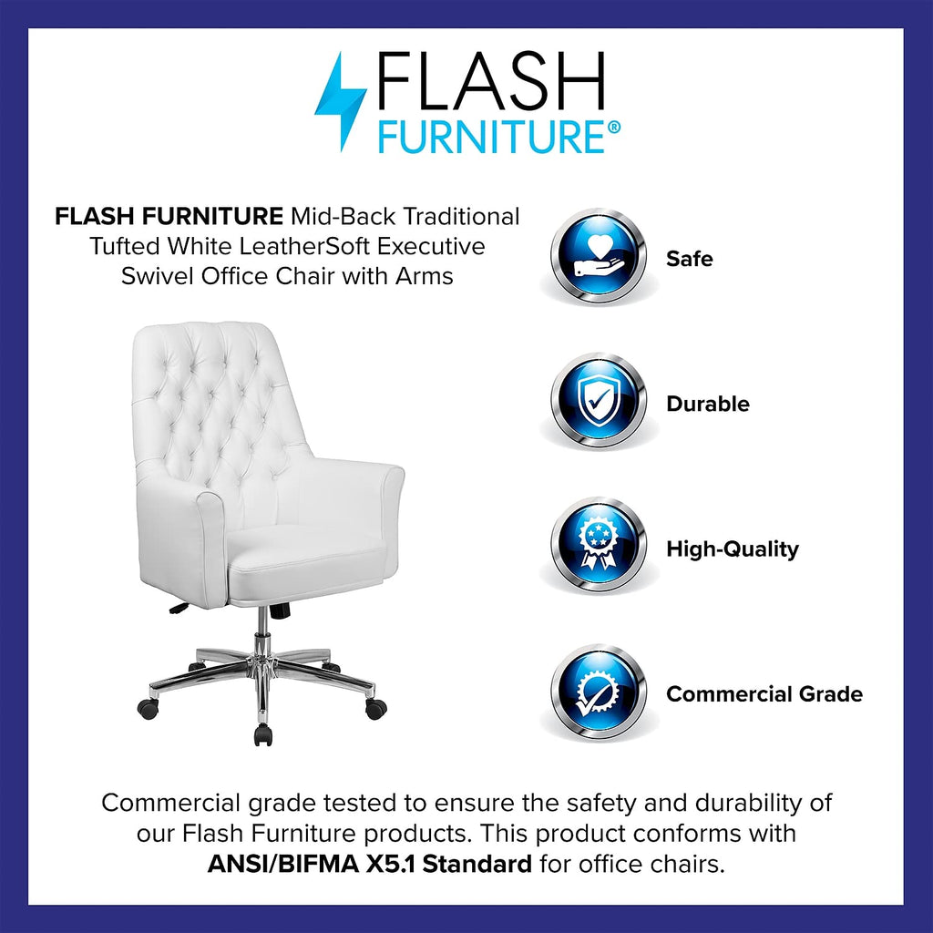 Flash Furniture Hansel Mid-Back Traditional Tufted White LeatherSoft Executive Swivel Office Chair with Arms