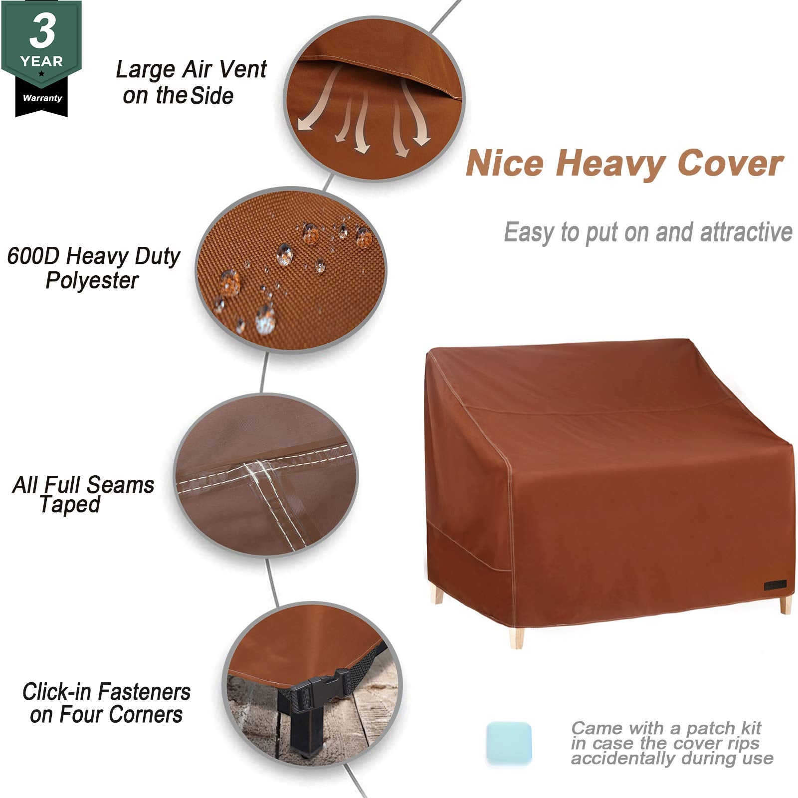 Nettypro Patio Loveseat Bench Cover 58 Inch, Waterproof 600D Heavy Duty Outdoor Furniture 2 Seater Sofa Cover, Brown