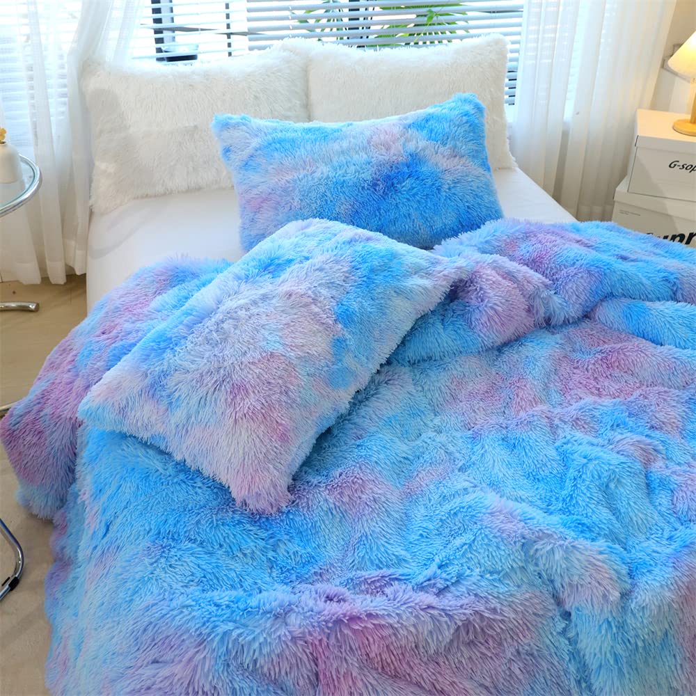 Chovy Faux Fur Plush Tie-Dyed Blue Comforter Sets Twin/Full Size - Ultra Soft Shaggy Flannel Velvet Fluffy Fuzzy 3Pc Bedding Set