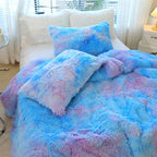 Chovy Faux Fur Plush Tie-Dyed Blue Comforter Sets Twin/Full Size - Ultra Soft Shaggy Flannel Velvet Fluffy Fuzzy 3Pc Bedding Set