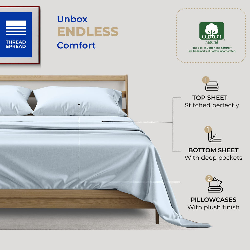 Thread Spread Cotton Full Size Sheet Sets - 400 Thread Count 4 Pc 100% Cotton Bed Sheets, 16?Deep Pocket Full Size Sheets Cotton, Extra Soft, Cooling Full Sheet Set, Luxury Hotel Sheets (Light Blue)