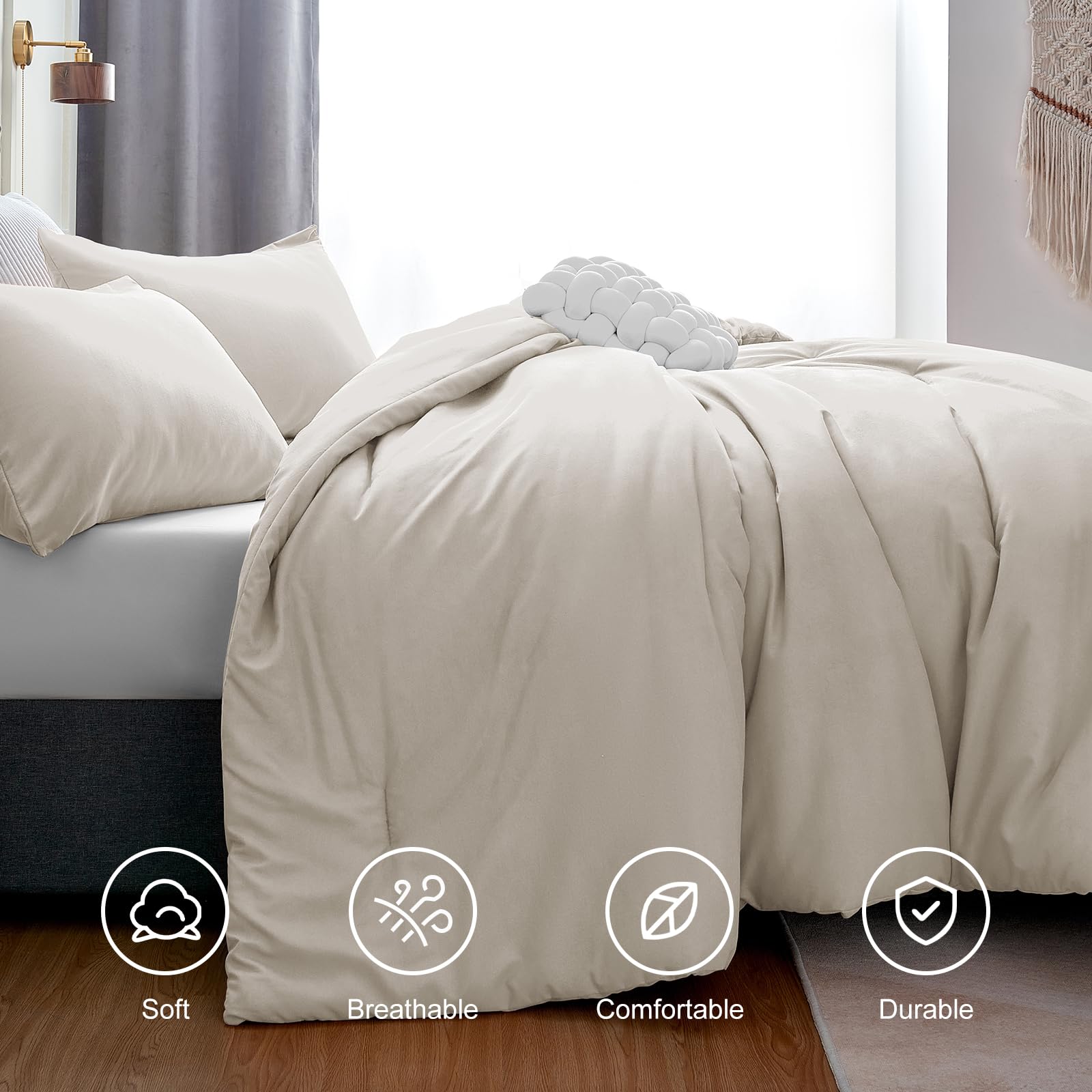 Cozylux Beige Comforter Set Twin/Twin Xl Size, 2 Pieces Twin Extra Long Boho Solid Breathable Quilted Style Bedding Sets, Luxury Fluffy Soft Microfiber Comforter All Season(1 Comforter & 1 Pillowcase)