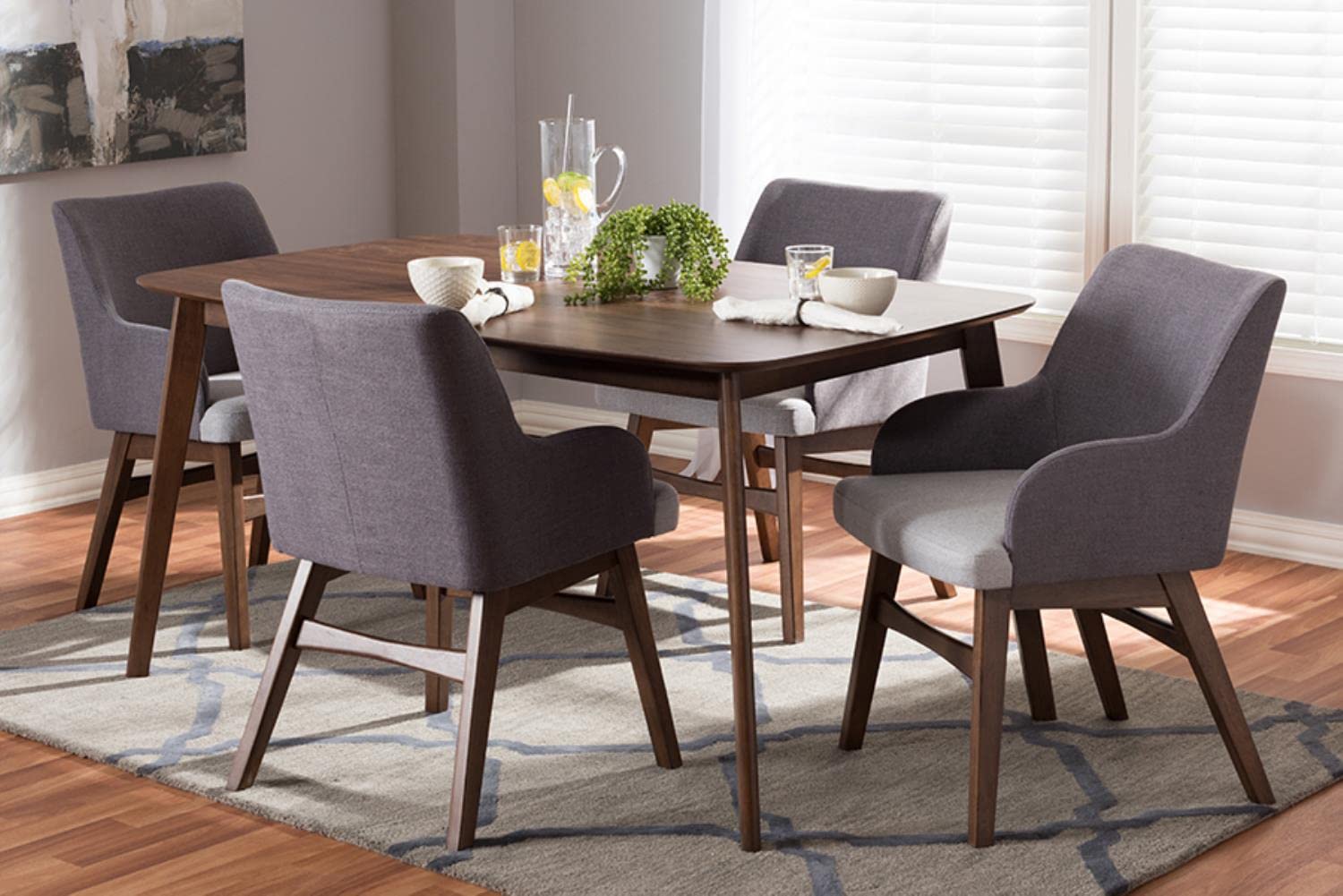 Baxton Studio Monte Mid-Century Modern Walnut Wood Rectangular 5-Piece Dining Set Grey//Medium Wood/Mid-Century/Table/Fabric Polyester 100%&quot;/Rubber Wood/Solid Wood/Mdf/Foam