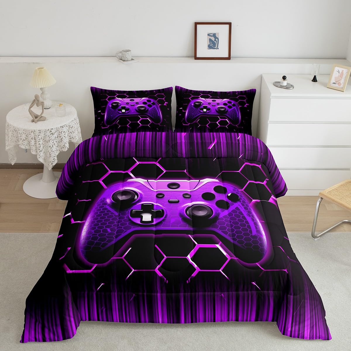 Manfei Geometric Gamepad Comforter Set Twin Size, Modern Gamer Bedding Set 2Pcs For Kids Boy Girls Game Room Decor, Purple Honey