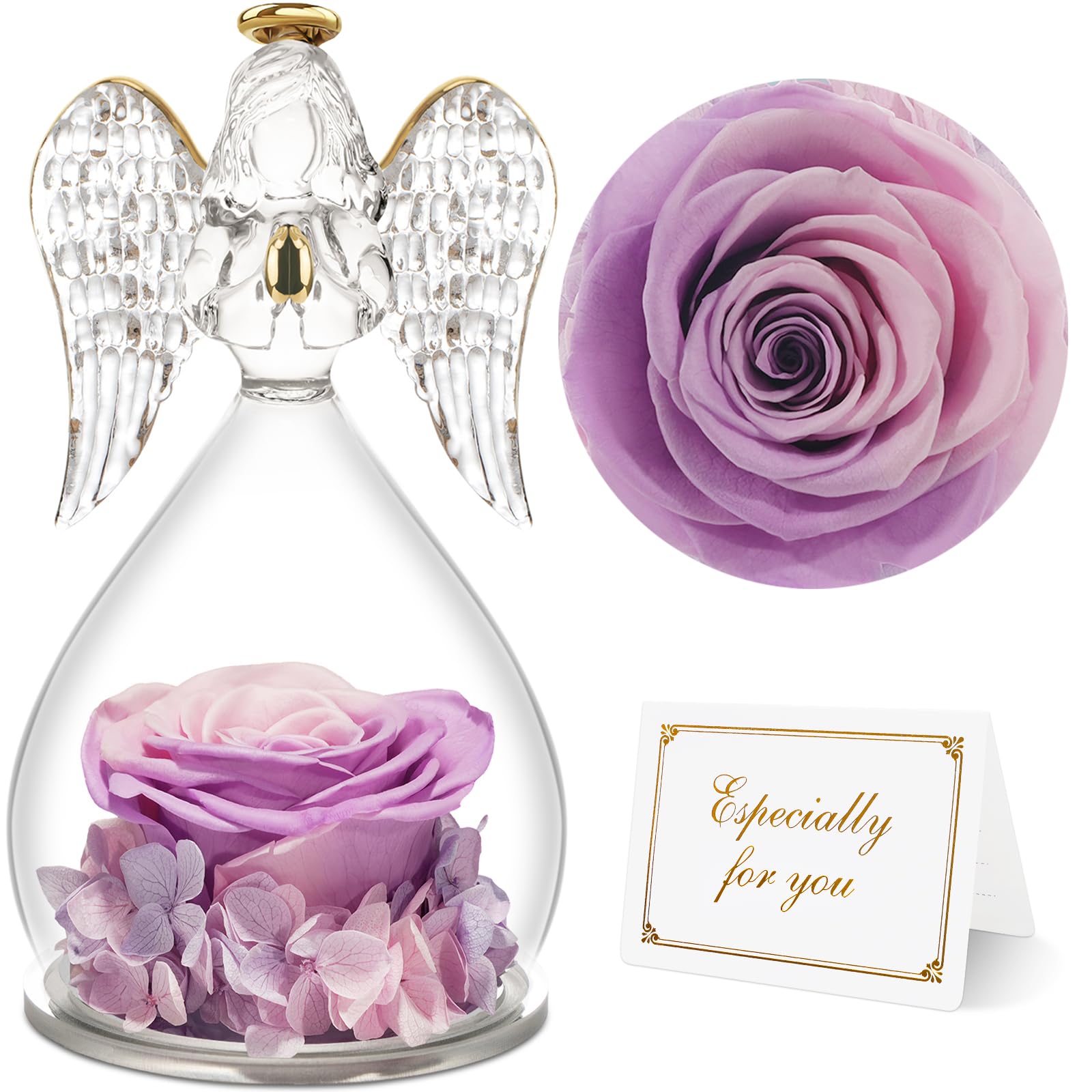 Yamonic For Mom, Angel Figurines With Real Rose Gifts For Her Mom Grandma,Preserved Flowers Rose For Mothers Day Christmas Anniv
