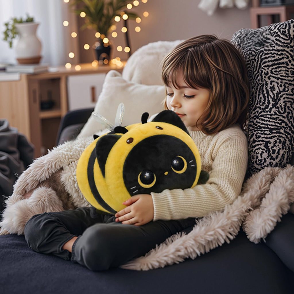 Mewaii Black Cat Bee Plush Pillow, Kawaii Plushies Bee Stuffed Toy, Soft Squishy Bee Gift for Girls & Kids, 8 Inch