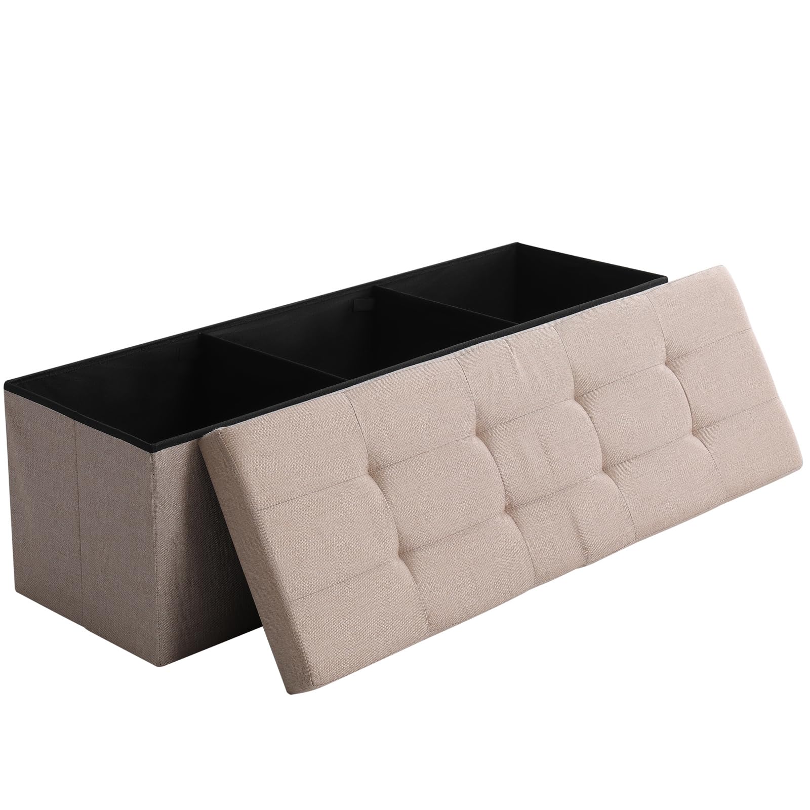 Cuyoca 45.3 Inches Storage Ottoman Bench Foldable Seat Footrest Shoe Bench End Of Bed Storage With Flipping Lid, 166L Storage Space, Linen Fabric Sandy Beige