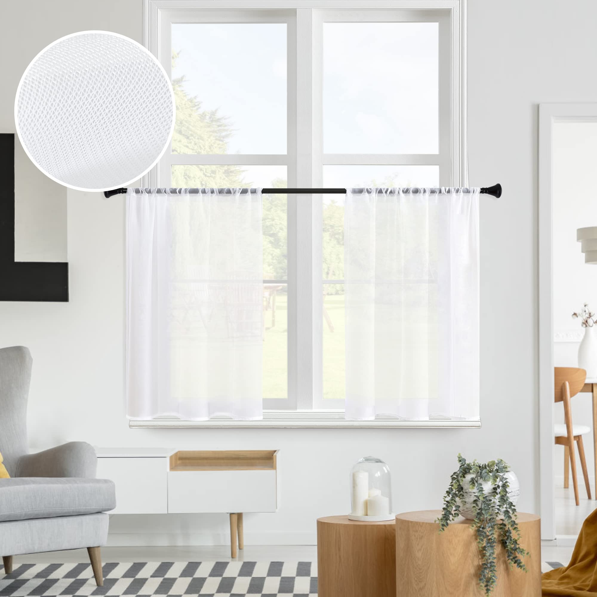 MRTREES White Sheer Curtains 34 x 30 inch Length Kitchen Tier Short Curtains Light Filtering Rod Pocket Voile Cafe Curtains for 
