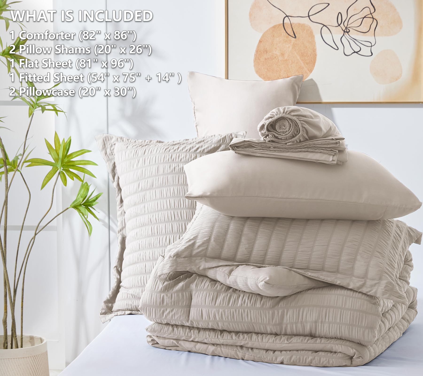 Cozylux Full Seersucker Comforter Set With Sheets Beige Bed In A Bag 7-Pieces All Season Bedding Sets With Comforter, Pillow Sham, Flat Sheet, Fitted Sheet, Pillowcase