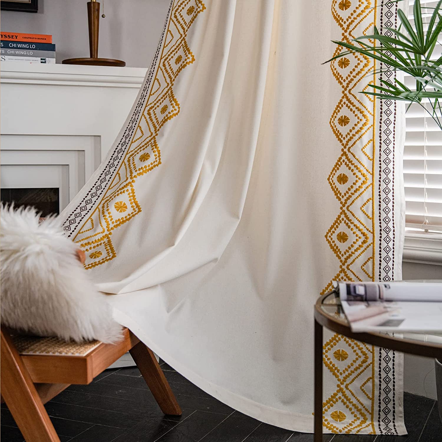 Colorbird Boho Linen Curtains For Living Room,94 Inch Long 2 Panels Set Yellow Farmhouse Bedroom Curtains, Embroidery Diamond Co