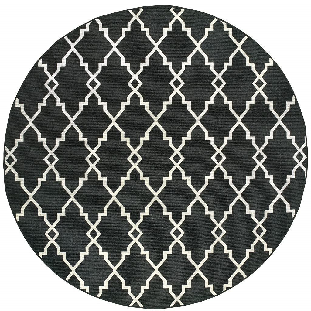 HomeRoots Polypropylene 8’ Round Black and Ivory Trellis Indoor Outdoor Area Rug