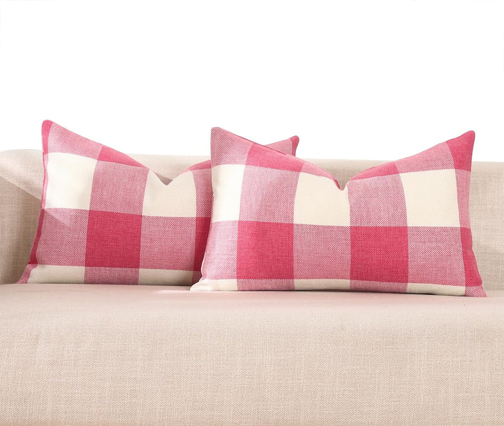 CARRIE HOME Pink Room Decorations Light Pink Buffalo Plaid Lumbar Pillow Covers 12x20 Set of 2 Pink Checkered Pillow Covers 12 x