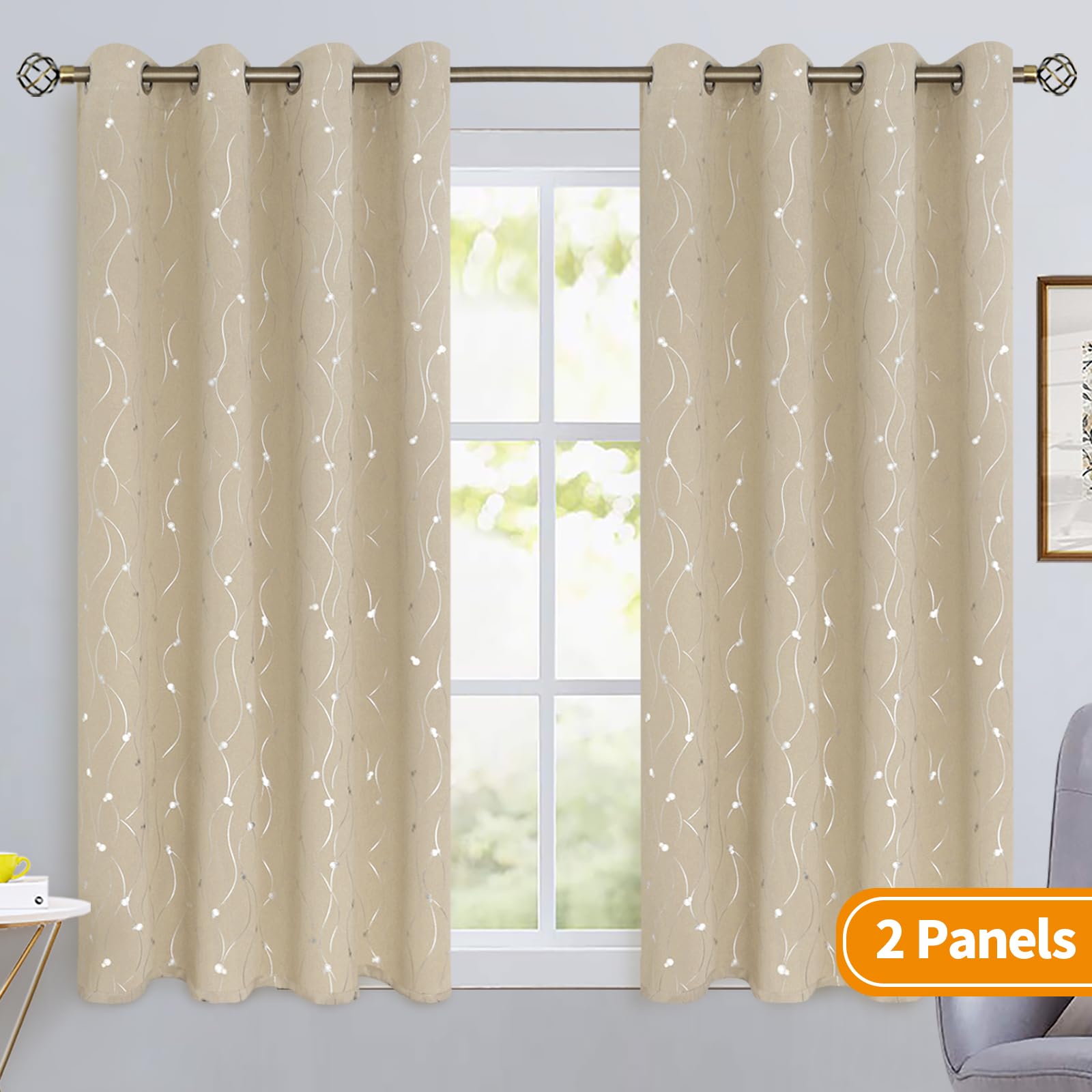 Bgment Room Darkening Curtains 45 Inches Long, Grommet Thermal Insulated Blackout Curtains With Wave Line And Dots Printed For Bedroom, 2 Panels, Each 52 X 45 Inch, Beige