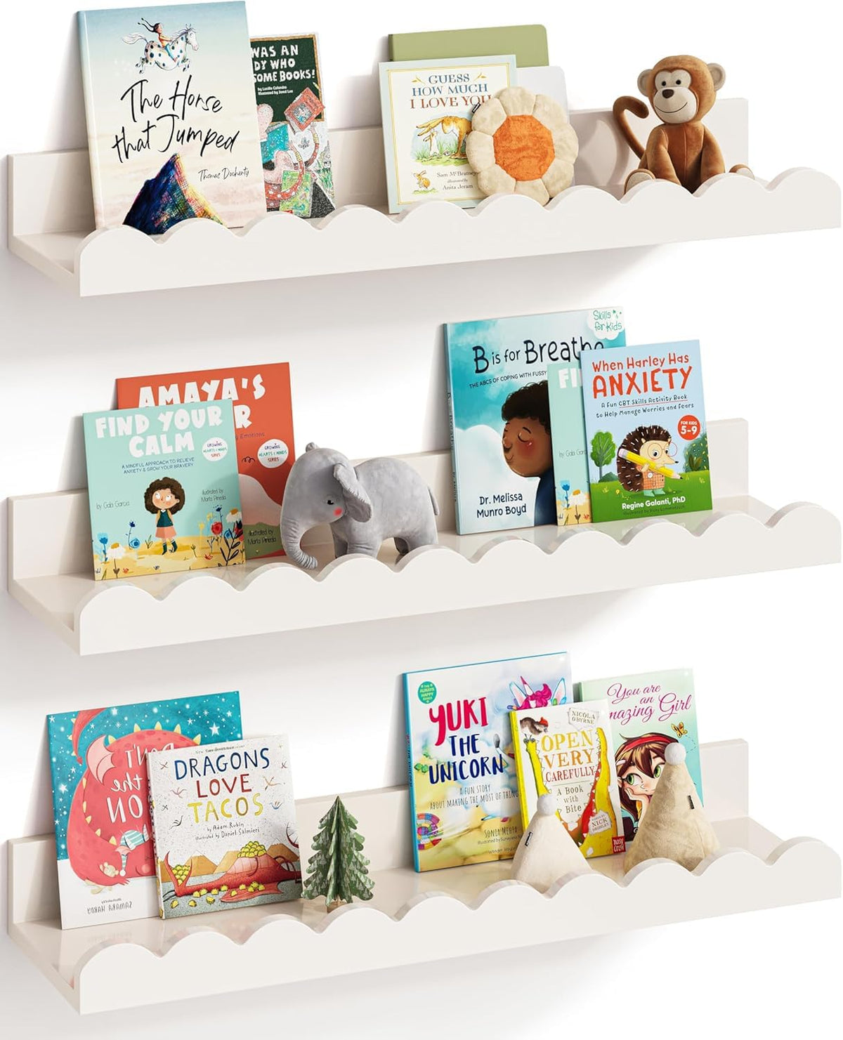 WooDinzo Nursery Book Shelves, Set of 3, Nursery Decor for Baby and Toddler, Scalloped Shelves, Book Shelf for Kids Rooms, Wall