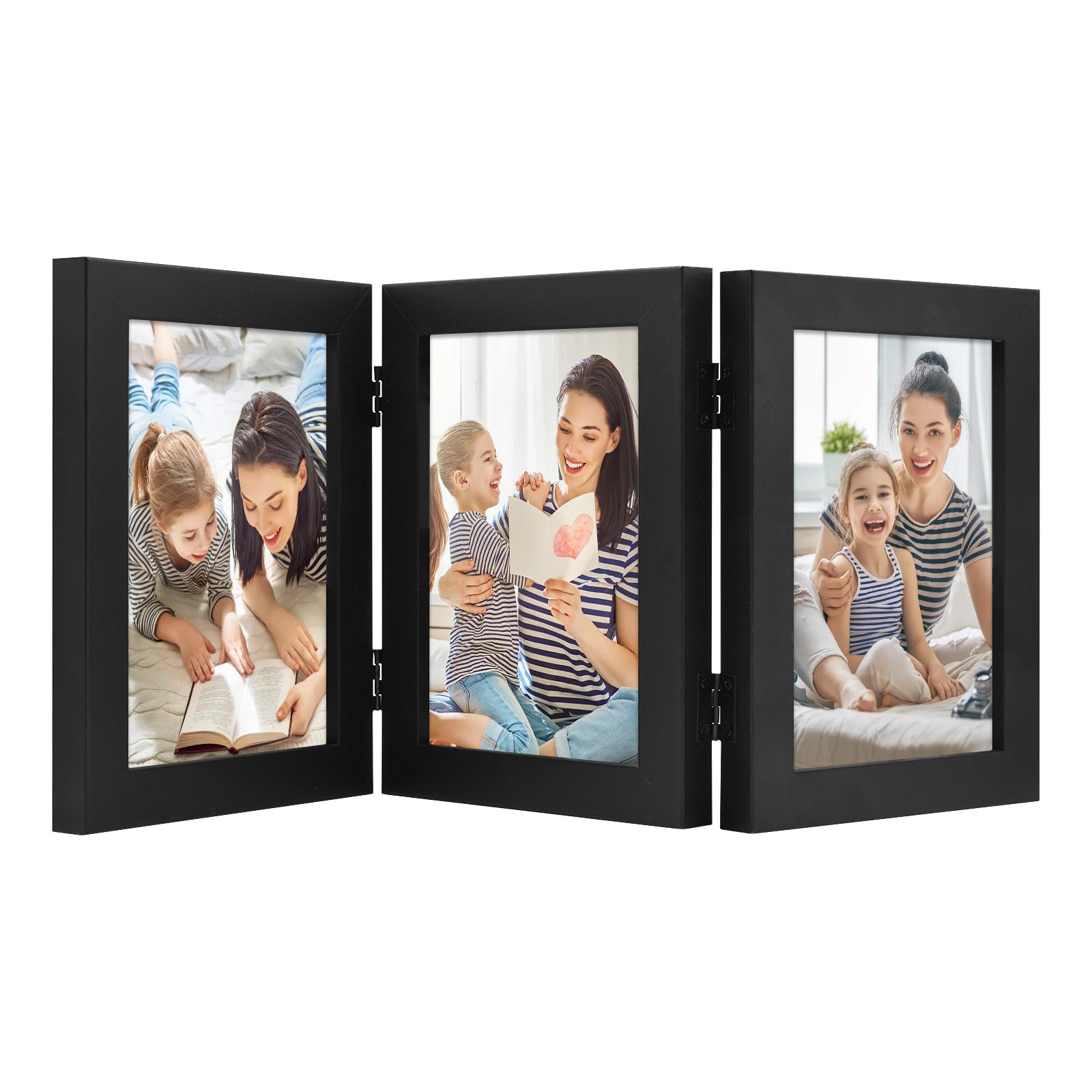 Golden State Art, 5x7 Three Picture Frame Hinged Photo Frame Folding Wedding Family Frames Collage with Glass (5x7 Triple, Black