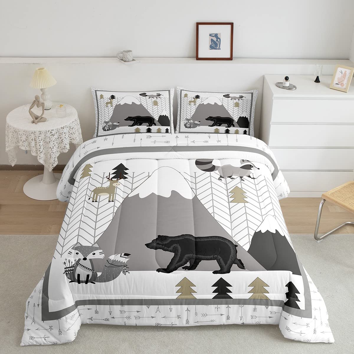 Cute Animals Comforter Set Cartoon Fox Bear Bedding Set For Kids Girls Women Adults Mountains And Trees Comforter Kids Cartoon Q