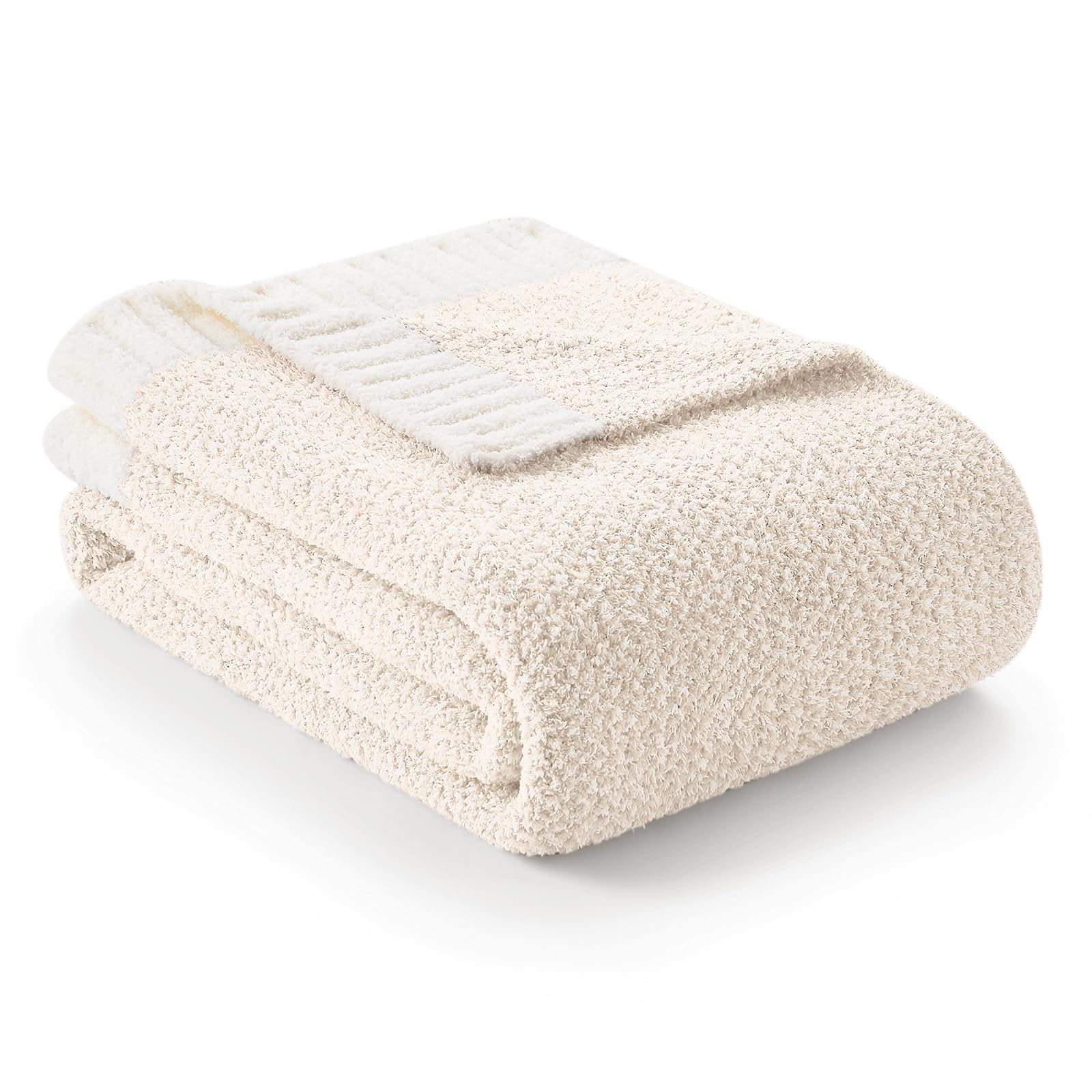 Snuggle Sac Buttery Ivory Throw Blanket For Couch, Reversible Super Soft Knitted Blankets, Warm Cozy Knit Fuzzy Plush Lightweigh