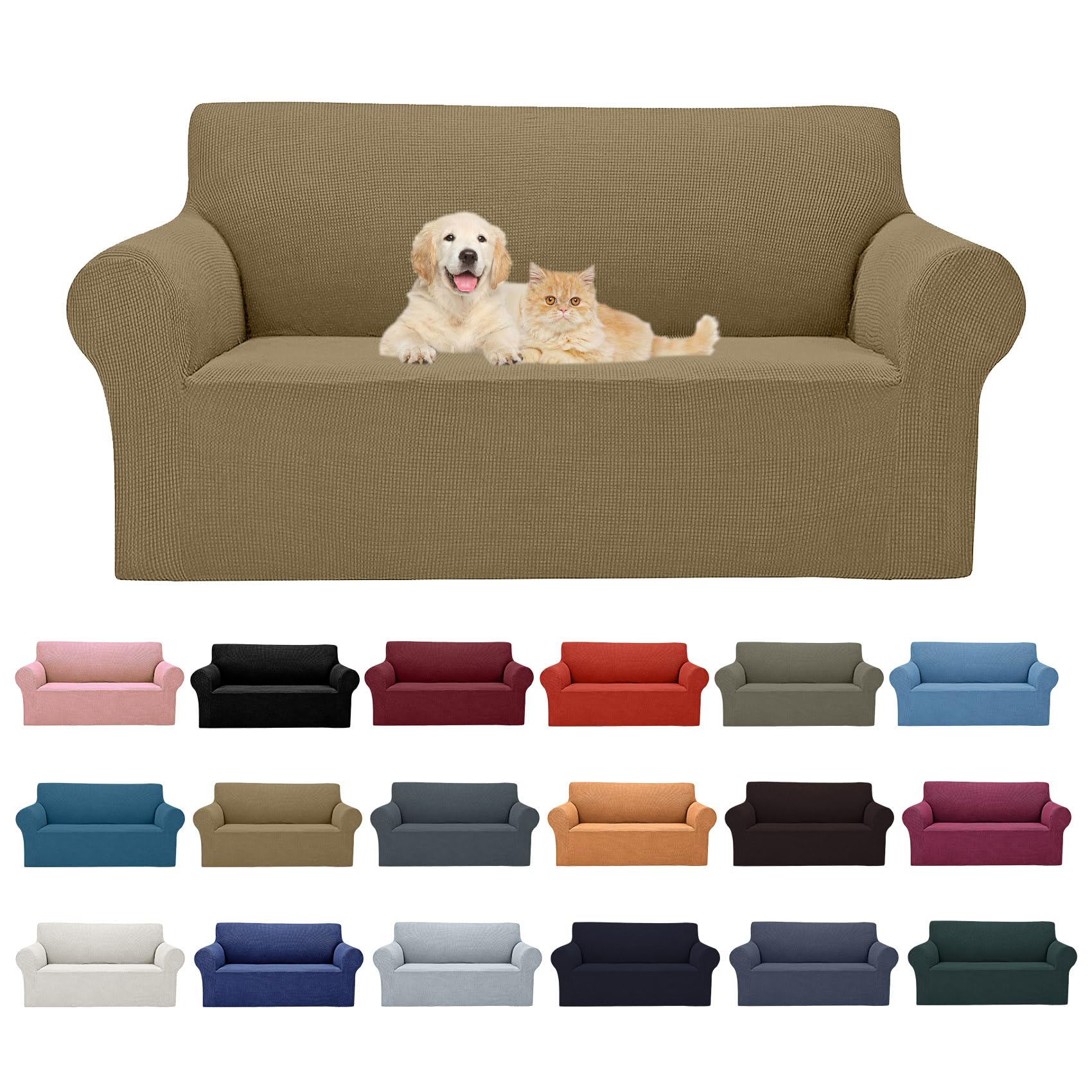 2025 New Stretch Loveseat Sofa Slipcovers Couch Cover For 2 Cushion Furniture Protector Sofa Covers With Elastic Bottom Jacquard Fabric Small Checks For Pets, Kids - Tan