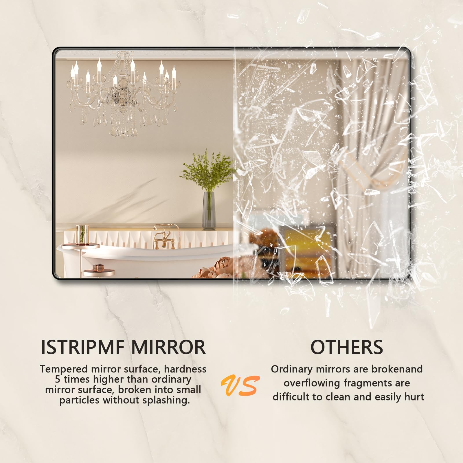 Istripmf 40X36 Inch Black Bthroom Mirror,Black Metal Frame Vanity Mirror For Wall,Rounded Corner Rectangle Matte Black Mirror,Te