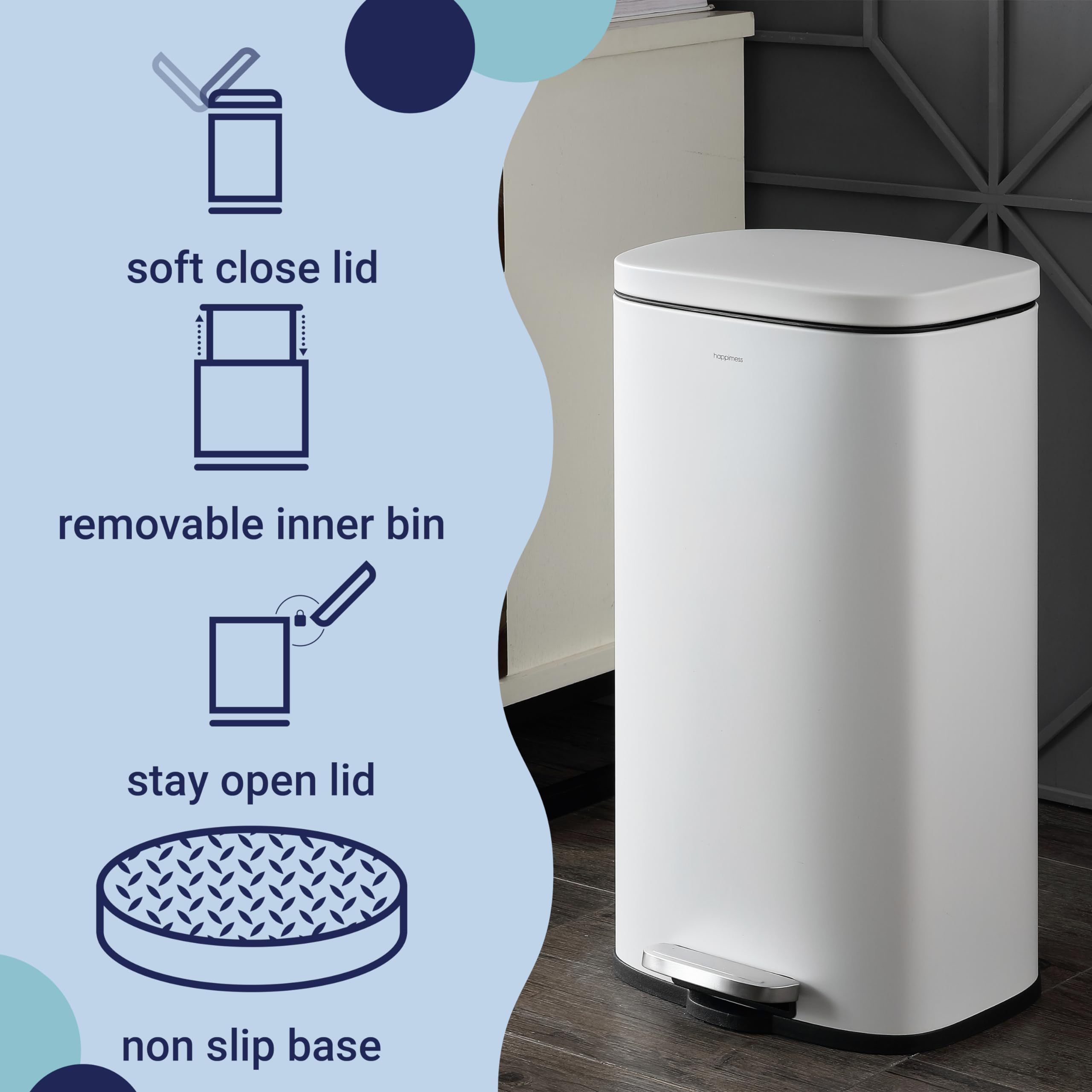 Happimess Hpm1011C Curtis 8-Gallon Step-Open Trash Can With Soft-Close Lid, Modern, Minimalistic, Fingerprint Proof For Home, Ki