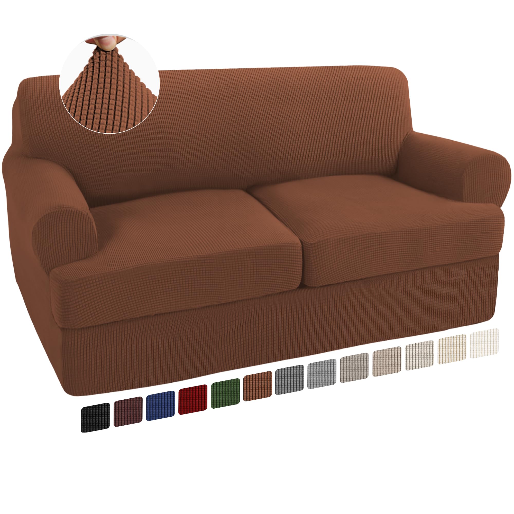 Turquoize 3 Piece T Cushion Loveseat Slipcovers Sofa Cover For 2 Cushion Couch Cover Washable Sofa Slip Cover Furniture Covers With 2 Individual T Cushion Seat Covers (2 Cushion Loveseat,Caramel)