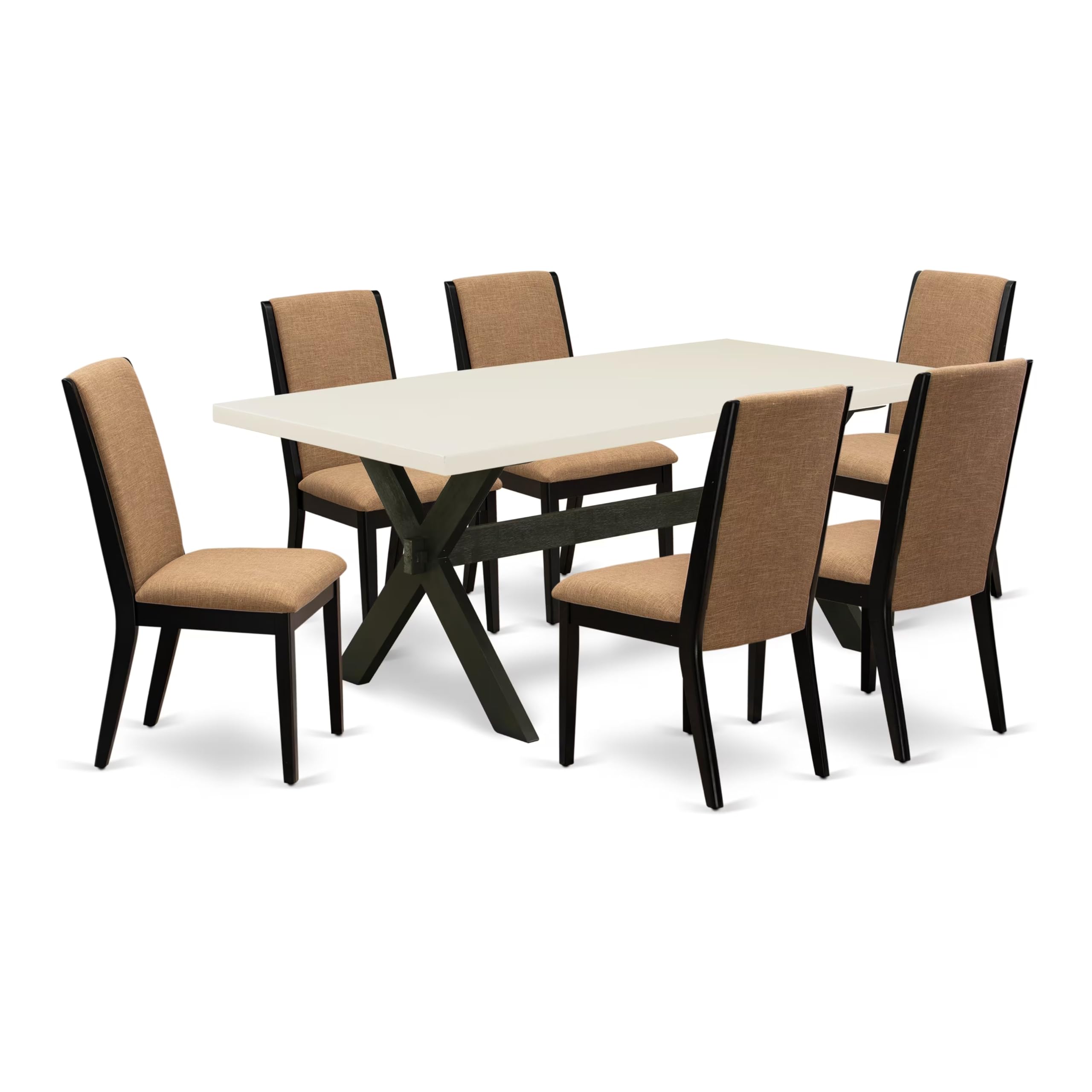 East West Furniture X627La147-7 7 Piece Dining Table Set Consist Of A Rectangle Dining Room Table With X-Legs And 6 Light Sable Linen Fabric Upholstered Chairs, 40X72 Inch, Multi-Color