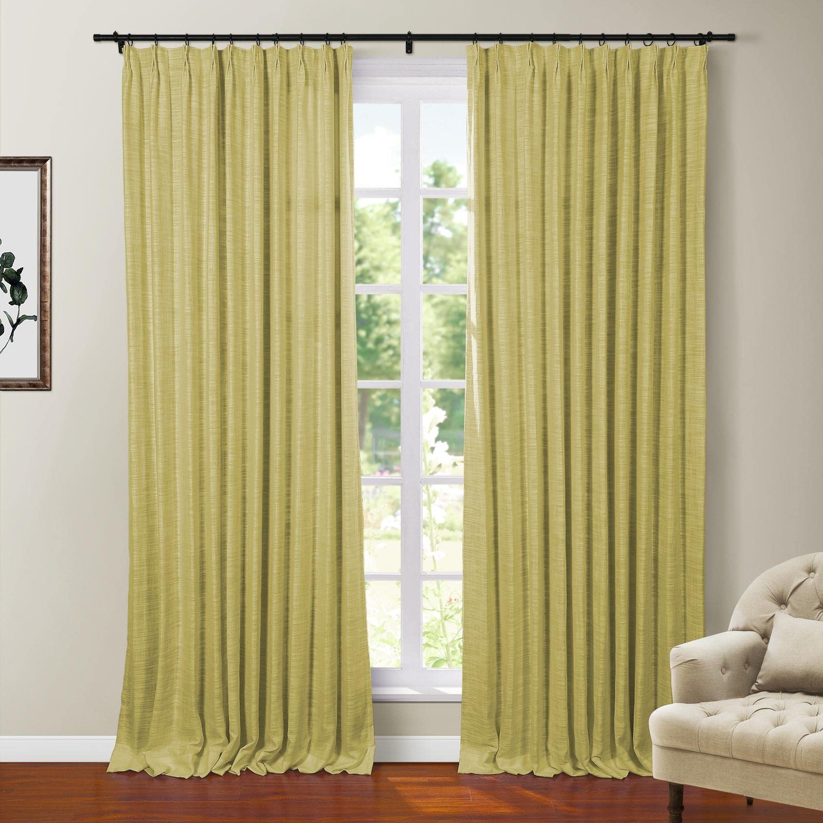 Twopages Kiwi Polyester Linen 96 Inches Long Thermal Insulated Curtain With Pinch Pleated And Back Tab Top Blackout Textured Dra