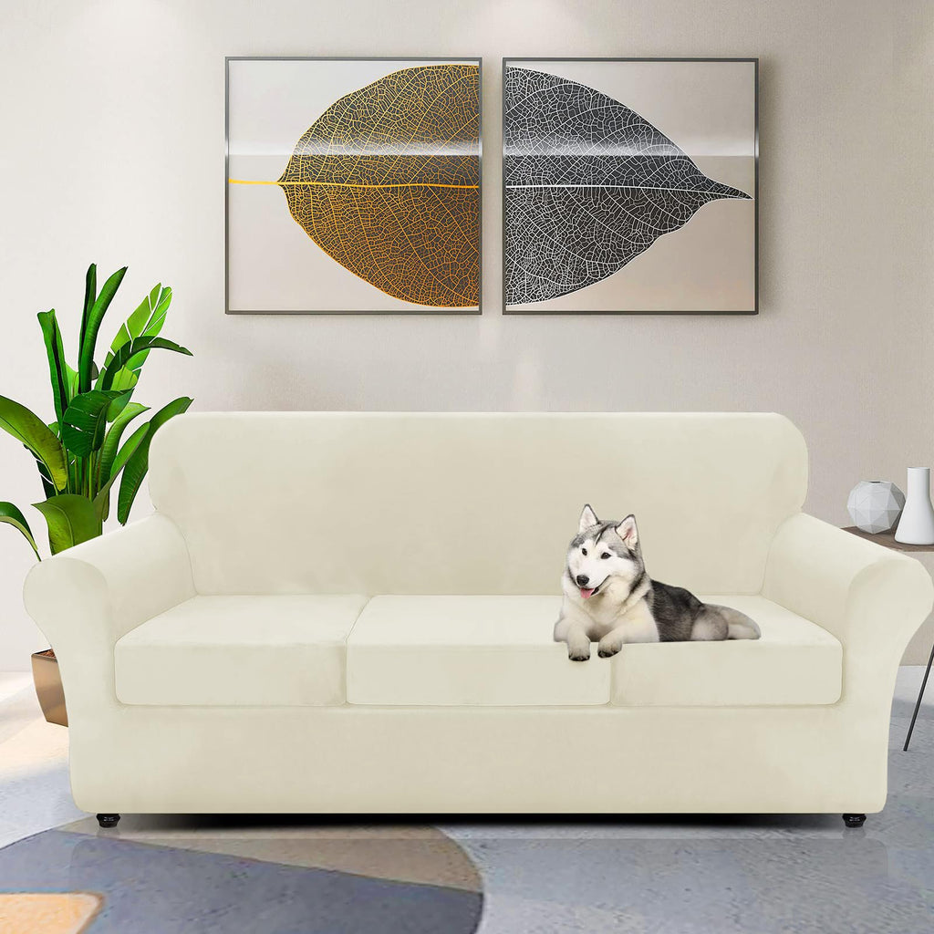 Znsayotx Luxury Velvet Couch Cover 4 Piece Stretch Oversized Sofa Covers For 3 Cushion Couch Thick Soft Large Sofa Slipcover Anti Slip Dogs Pet Furniture Protector (Beige), 91'-110'(3 Cushions)