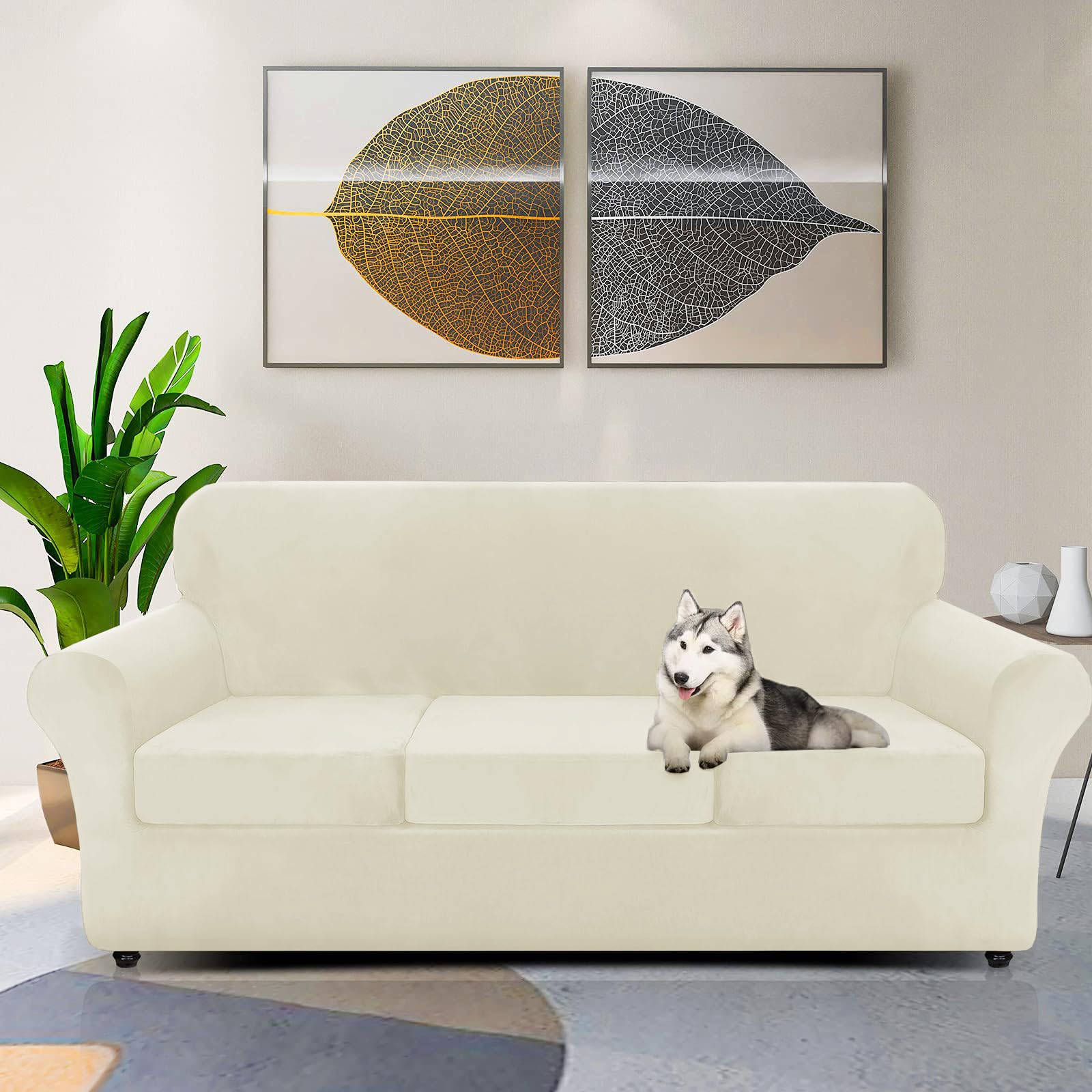 Znsayotx Luxury Velvet Couch Cover 4 Piece Stretch Oversized Sofa Covers For 3 Cushion Couch Thick Soft Large Sofa Slipcover Anti Slip Dogs Pet Furniture Protector (Beige), 91'-110'(3 Cushions)