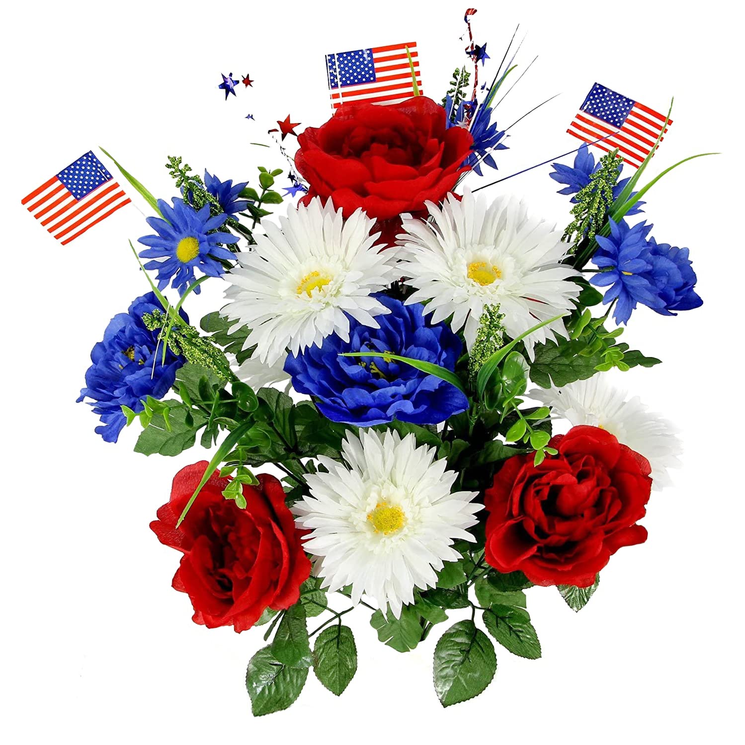 Admired By Nature 18 Stems Artificial Blooming Peony, Gerbera Daisy with Small American Flags, Fillers Mixed Flowers Bush for Me