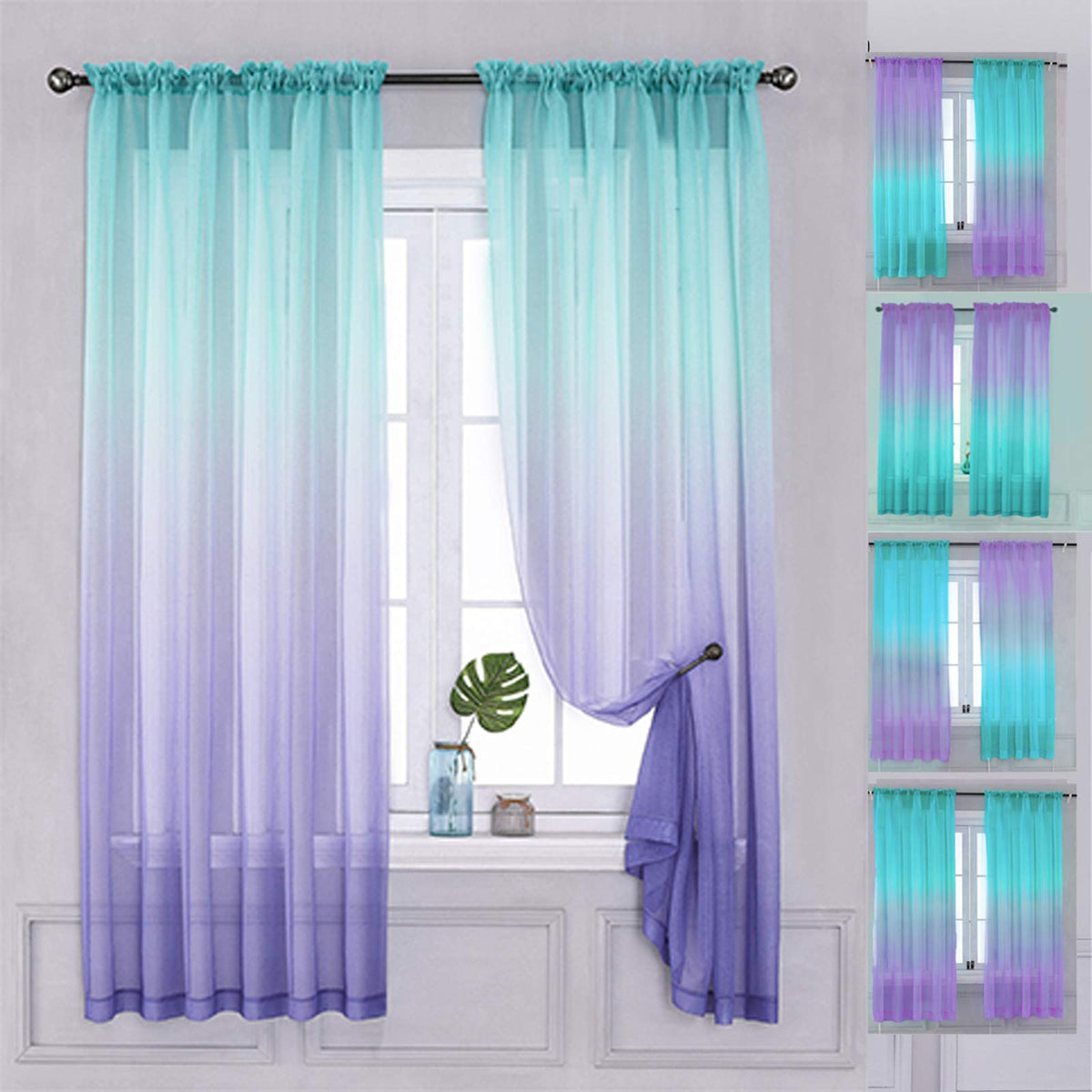 Yancorp 2 Panel Sets Semi Bedroom Curtains 72 Inch Length Sheer Rod Pocket Curtain Linen Teal Turquoise Purple Ombre Girls Livin