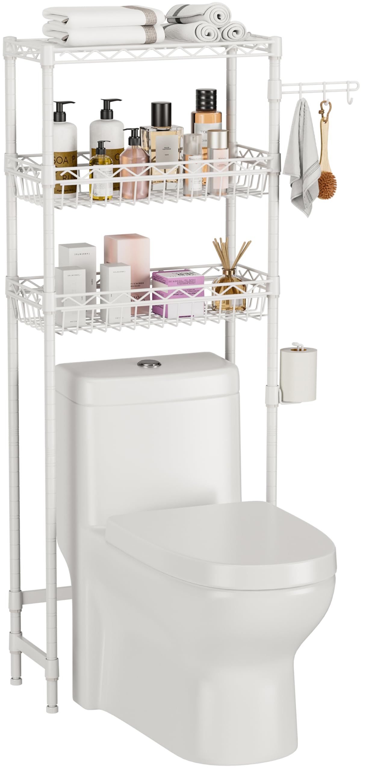 3-Tier Over-The-Toilet Storage Shelf,Heavy-Duty Adjustable Bathroom Rack with 2 Mesh Baskets,Toilet Paper Holder & Hooks,Space-S