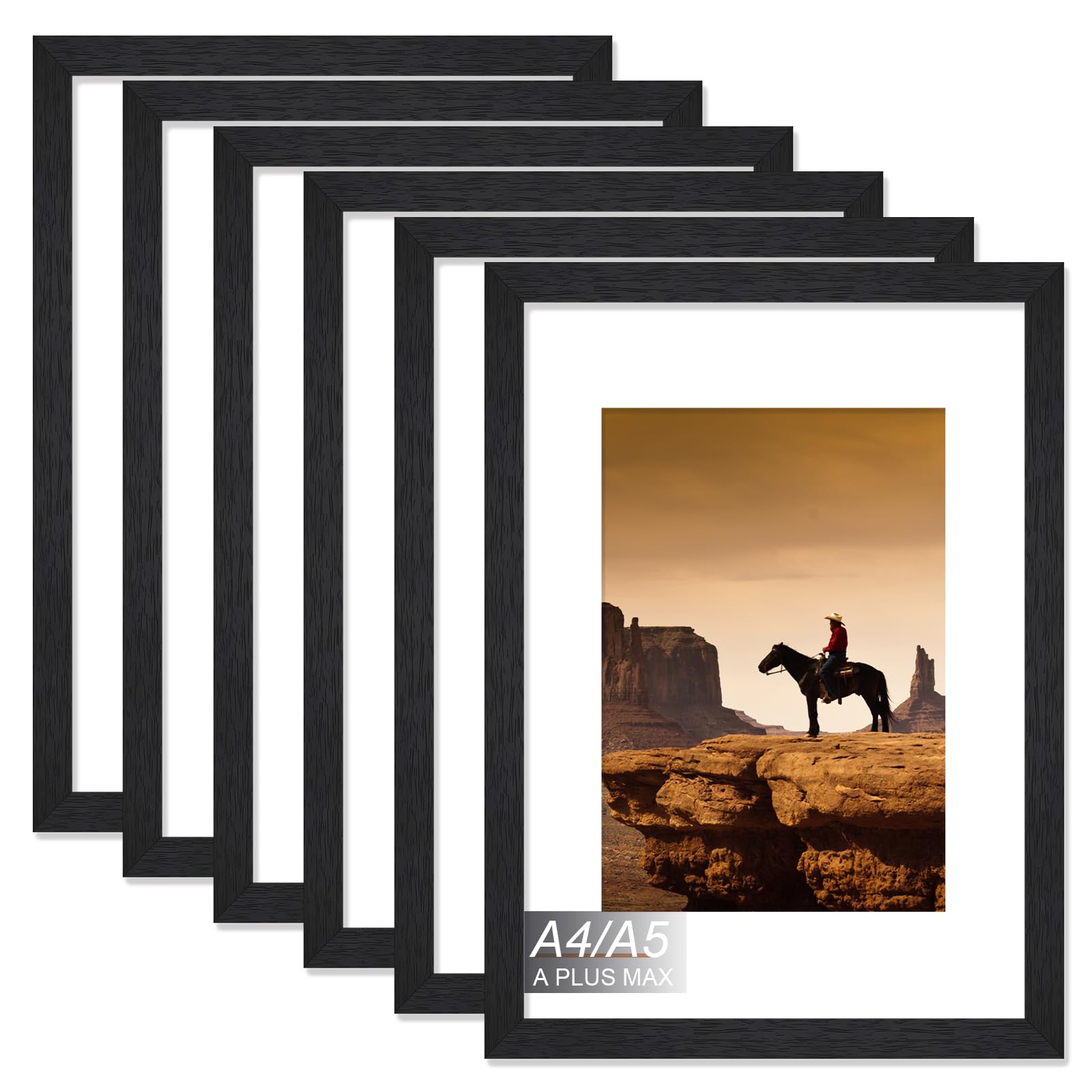 A PLUS MAX Black A4 Frame Set of 6, Engineered Wood Frame Display Papaer Size A5 Picture with Mat or A4 without Mat, A4 Frame wi