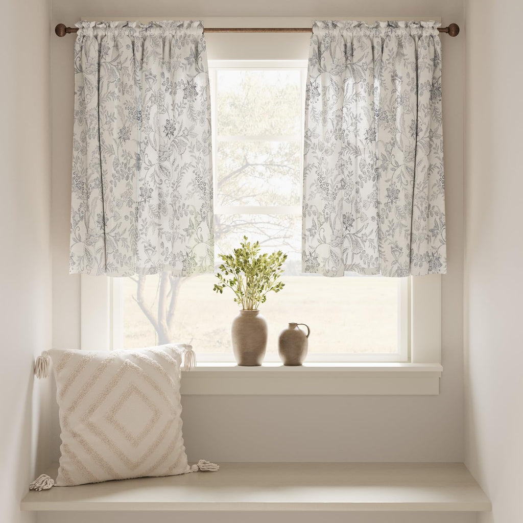Jinchan Floral Kitchen Curtains 24 Inch Gray Linen Tier Curtains Farmhouse Cafe Curtains Country Botanic Small Window Curtains R