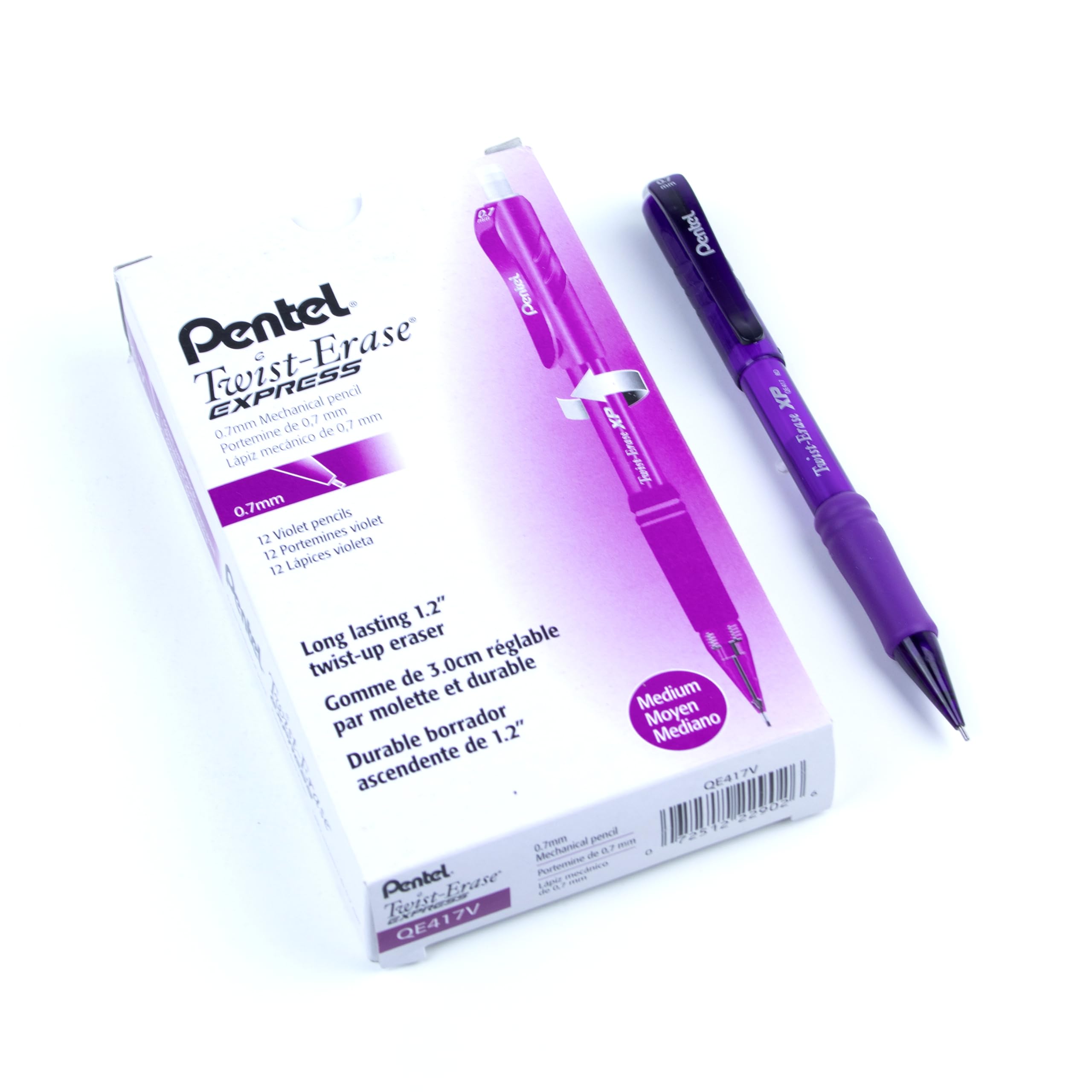 Pentel Twist Erase Express Automatic Pencil, 0.7Mm Lead Size, Violet Barrel, Box Of 12 (Qe417V)
