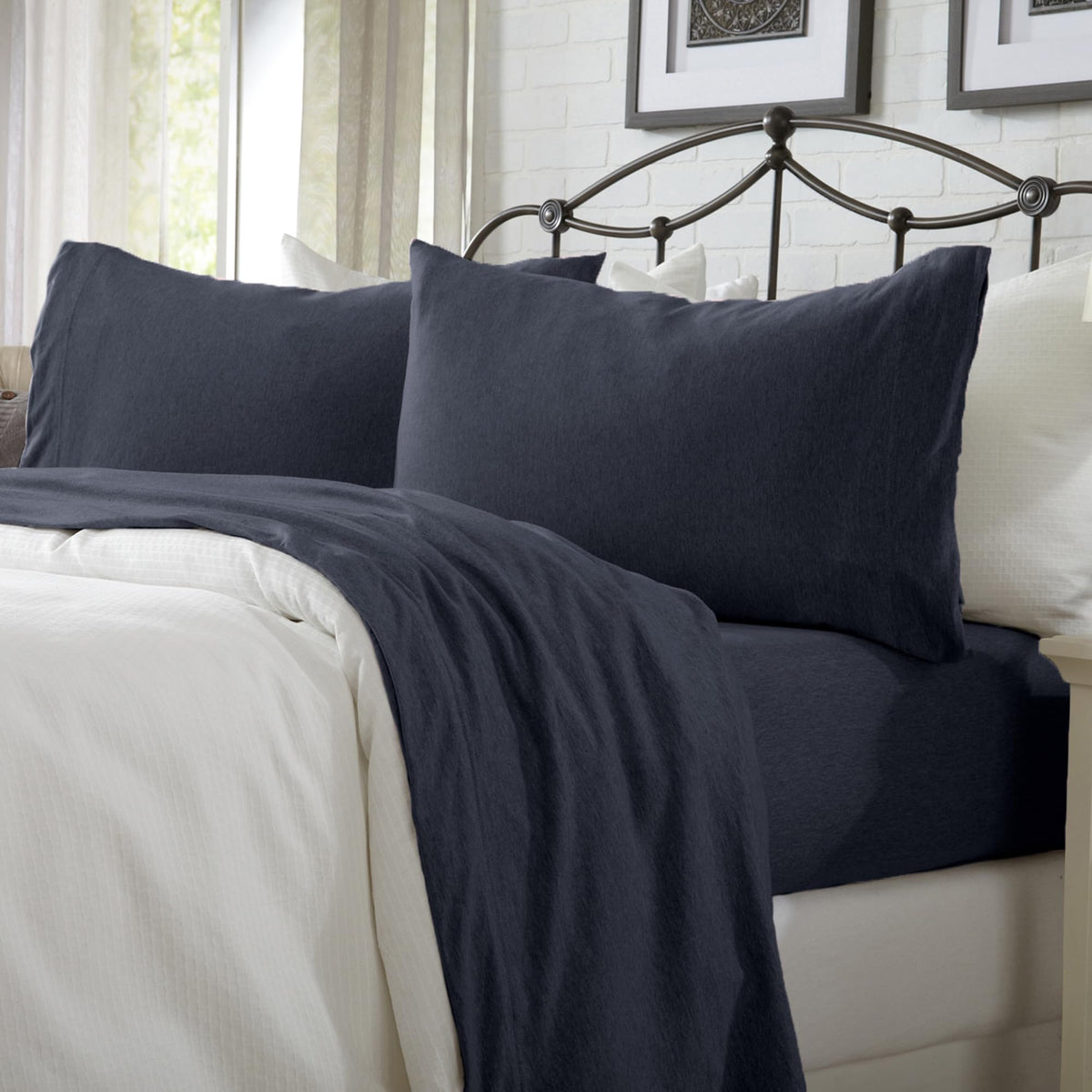 Great Bay Home Cotton Jersey Knit California King Sheet Set - Ultra-Soft, Stretchy, Heathered Melange Navy Bed Sheets - Cozy, So