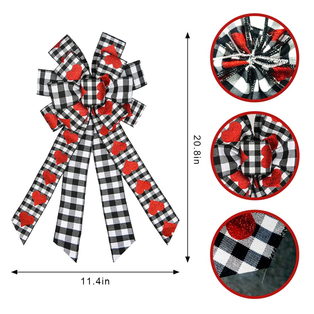 Threetols Large Valentine'S Day Wreath Bows, Black White Buffalo Plaid Bows Wreath For Front Door Red Glitter Heart Decoration B